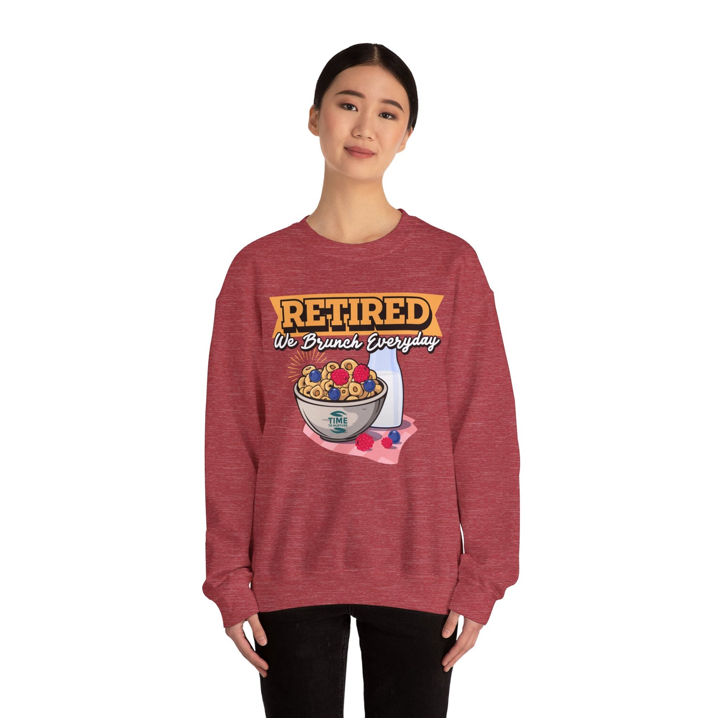Unisex sweatshirt with the text Retired We Brunch Everyday, ideal as a cozy retirement gift for brunch enthusiasts. Features a classic crewneck design.