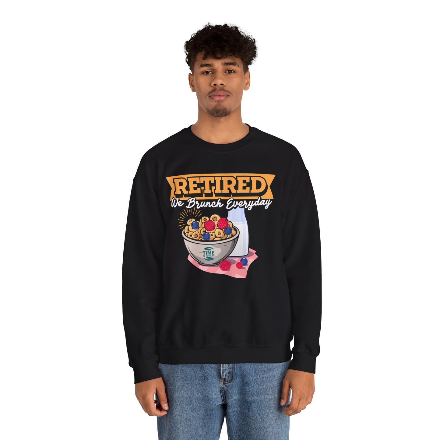 Unisex sweatshirt with the text Retired We Brunch Everyday, ideal as a cozy retirement gift for brunch enthusiasts. Features a classic crewneck design.