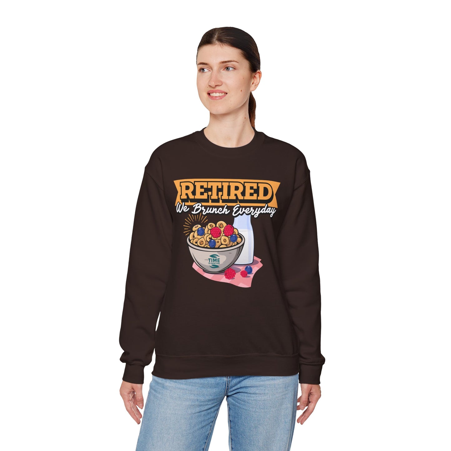 Unisex sweatshirt with the text Retired We Brunch Everyday, ideal as a cozy retirement gift for brunch enthusiasts. Features a classic crewneck design.