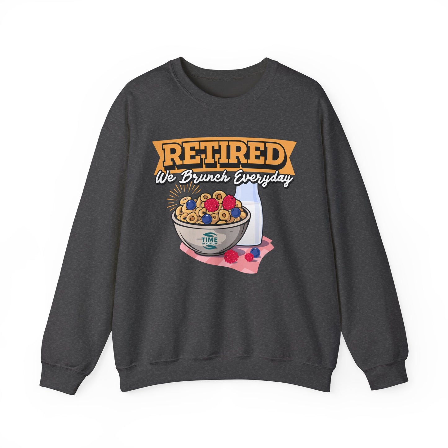 Unisex sweatshirt with the text Retired We Brunch Everyday, ideal as a cozy retirement gift for brunch enthusiasts. Features a classic crewneck design.