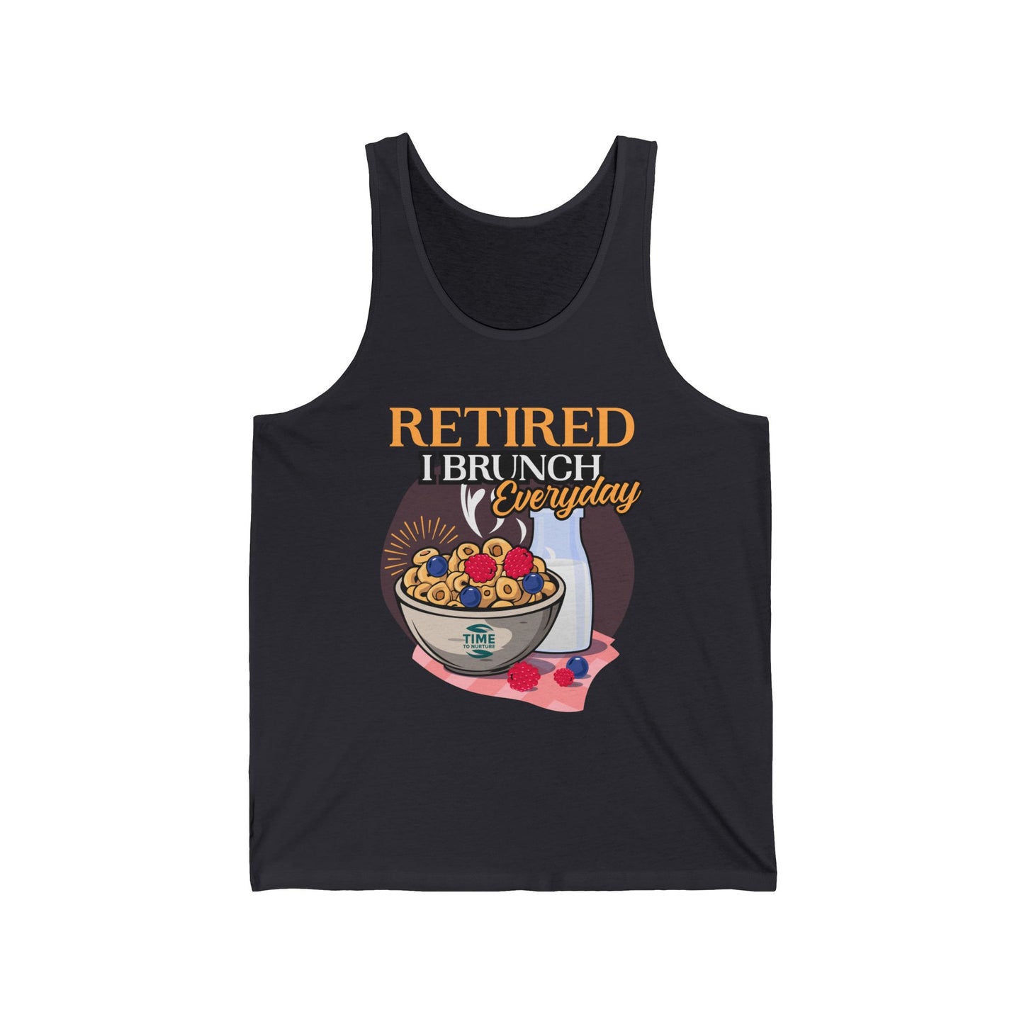 Unisex tank top with the text "Retired I Brunch Everyday" designed as a humorous retirement gift. Perfect for brunch lovers and retirees.