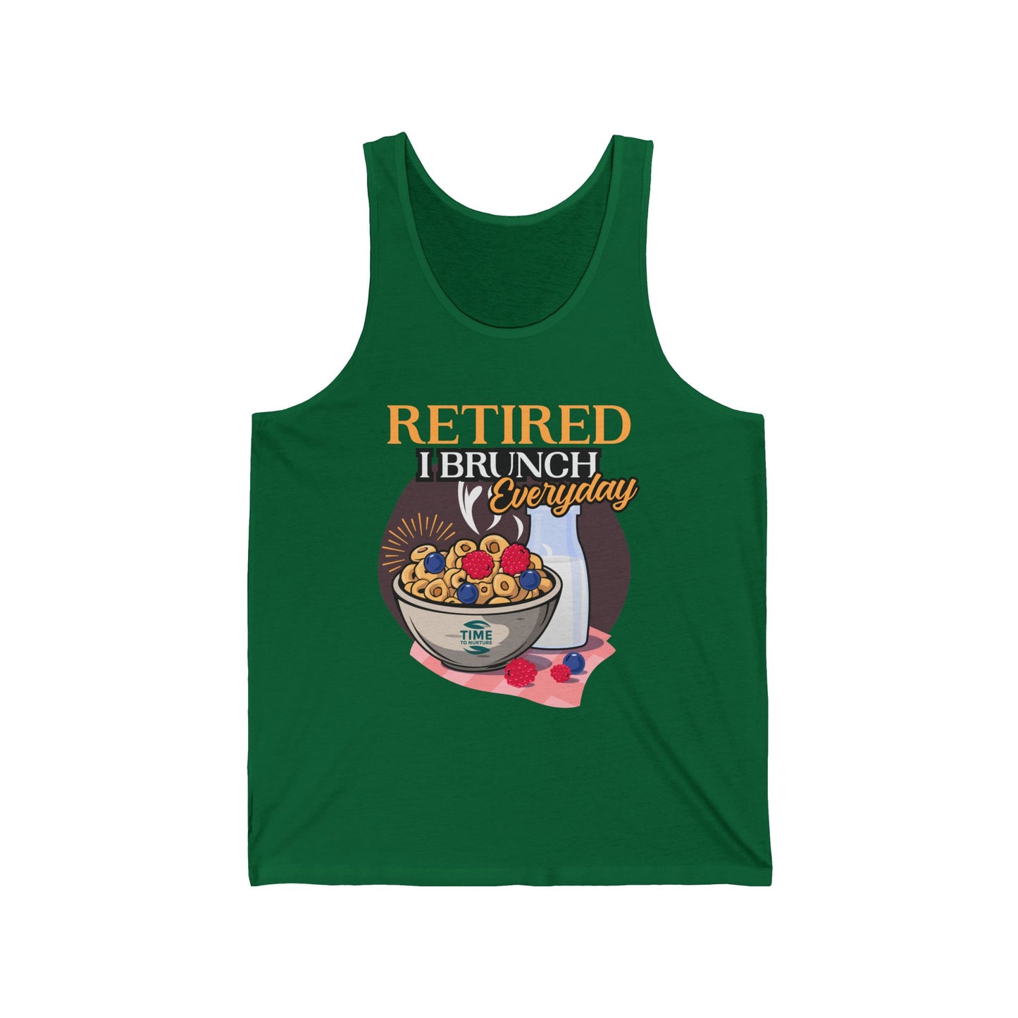 Unisex tank top with the text "Retired I Brunch Everyday" designed as a humorous retirement gift. Perfect for brunch lovers and retirees.