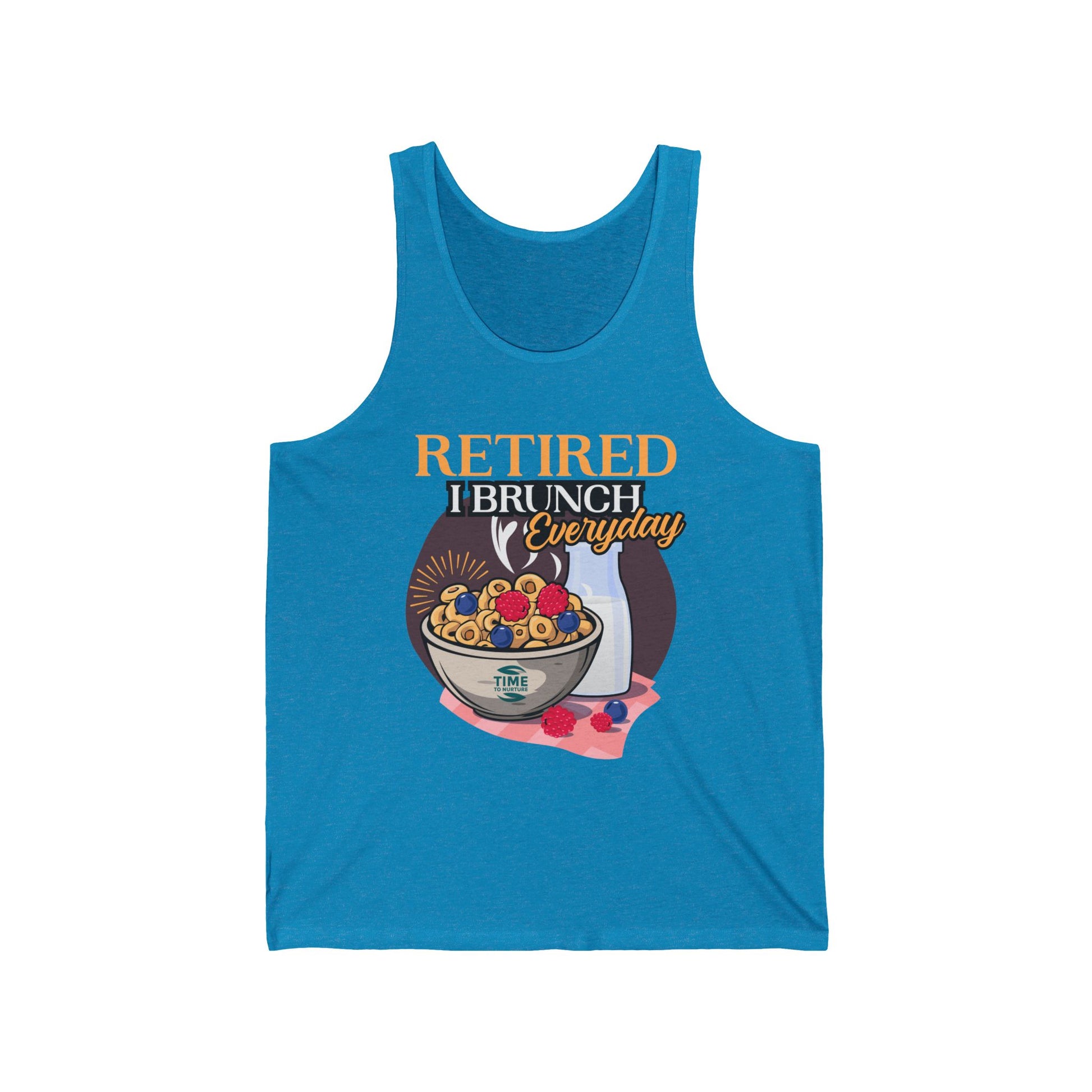 Unisex tank top with the text "Retired I Brunch Everyday" designed as a humorous retirement gift. Perfect for brunch lovers and retirees.