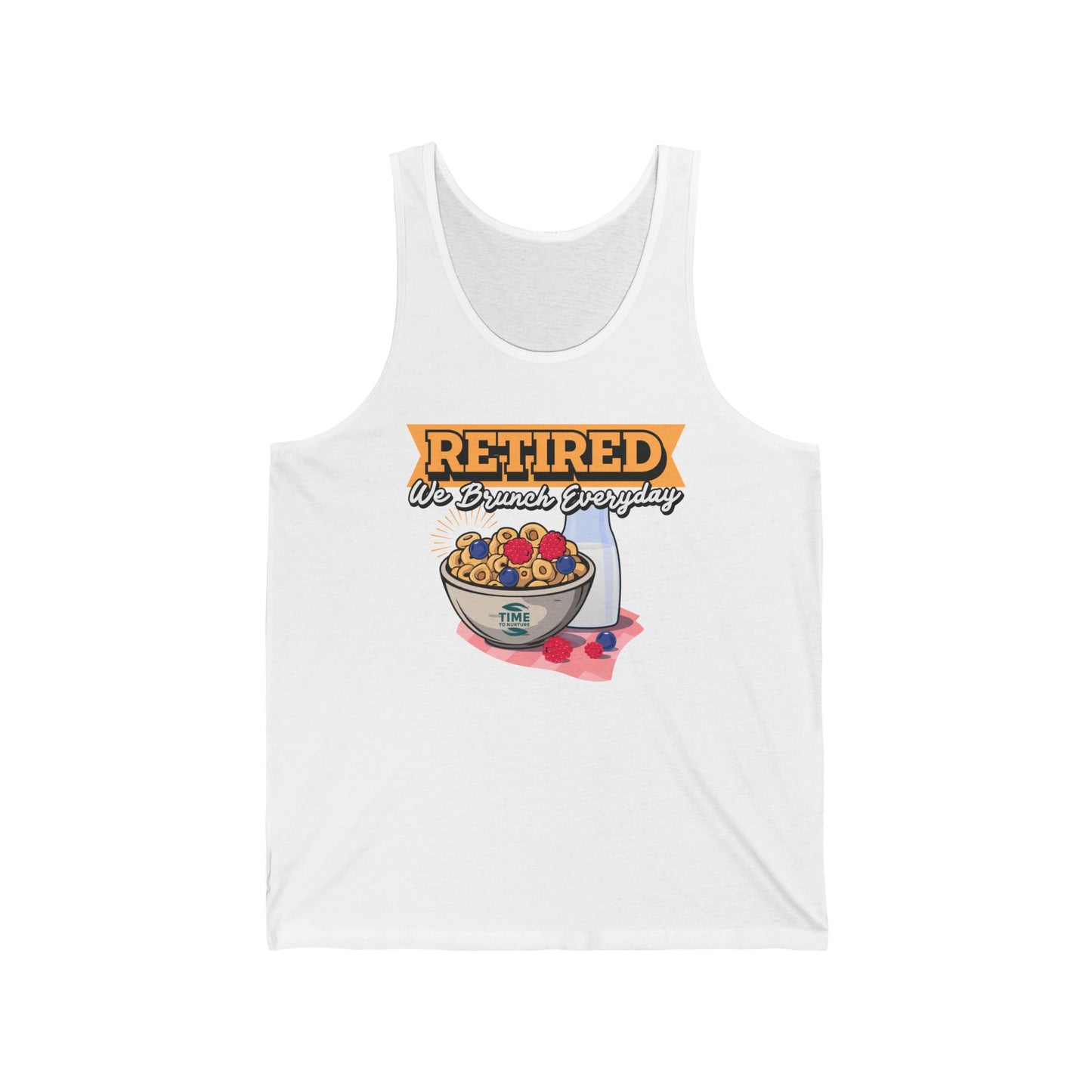 Unisex tank top with the text Retired We Brunch Everyday, a funny and stylish sleeveless shirt perfect for brunch lovers and as a retirement gift.