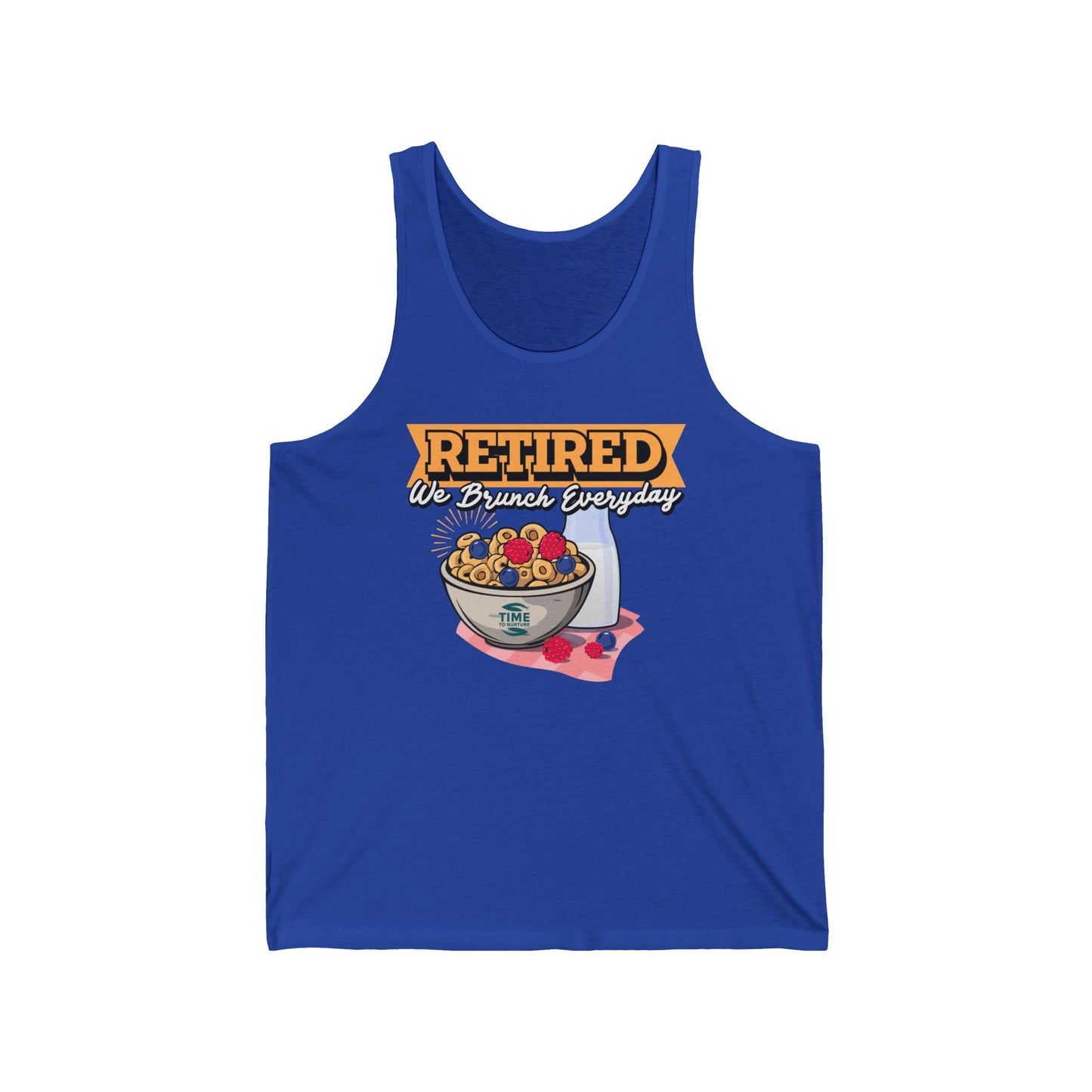 Unisex tank top with the text Retired We Brunch Everyday, a funny and stylish sleeveless shirt perfect for brunch lovers and as a retirement gift.