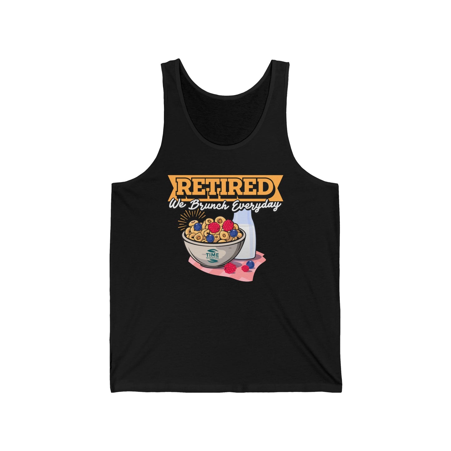 Unisex tank top with the text Retired We Brunch Everyday, a funny and stylish sleeveless shirt perfect for brunch lovers and as a retirement gift.