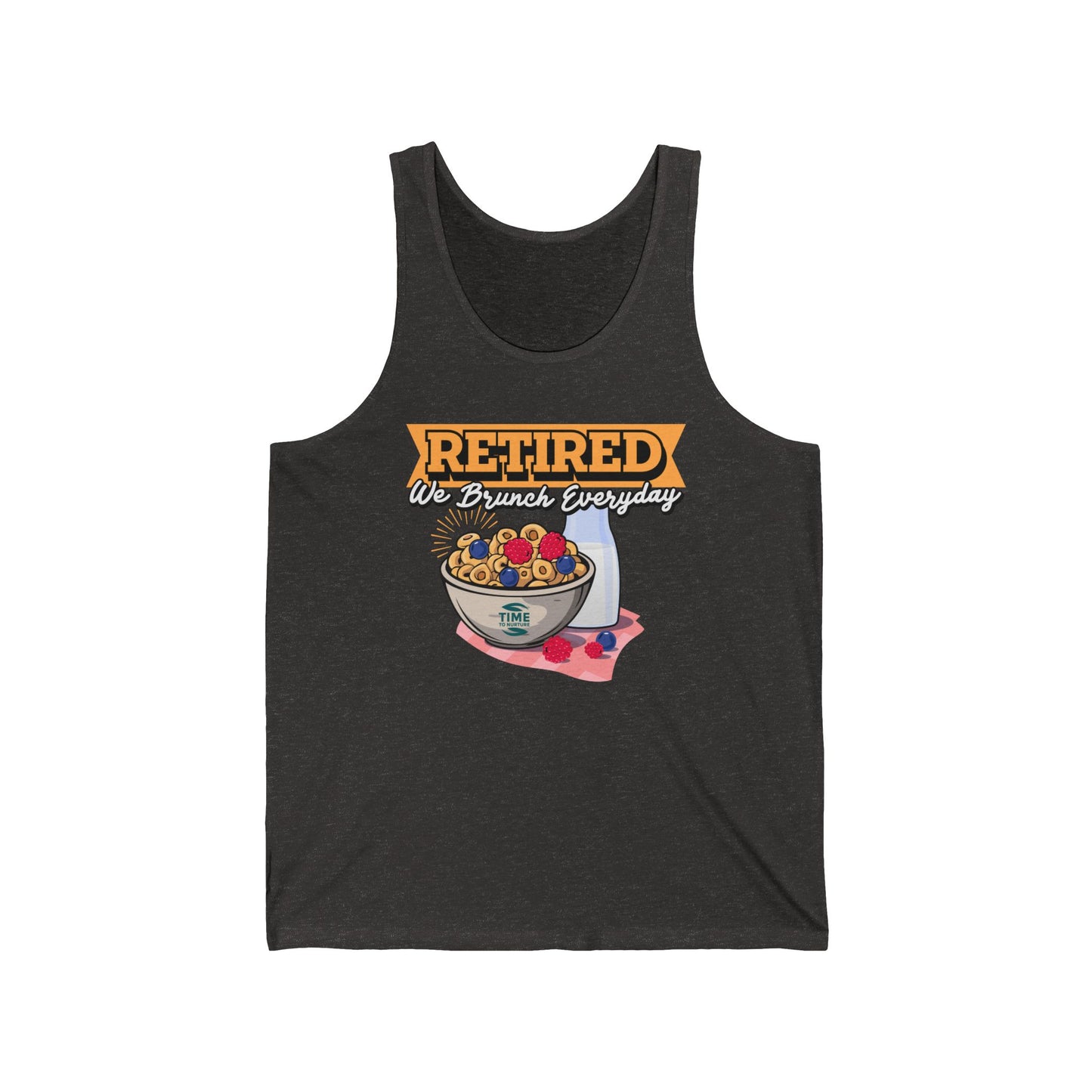 Unisex tank top with the text Retired We Brunch Everyday, a funny and stylish sleeveless shirt perfect for brunch lovers and as a retirement gift.