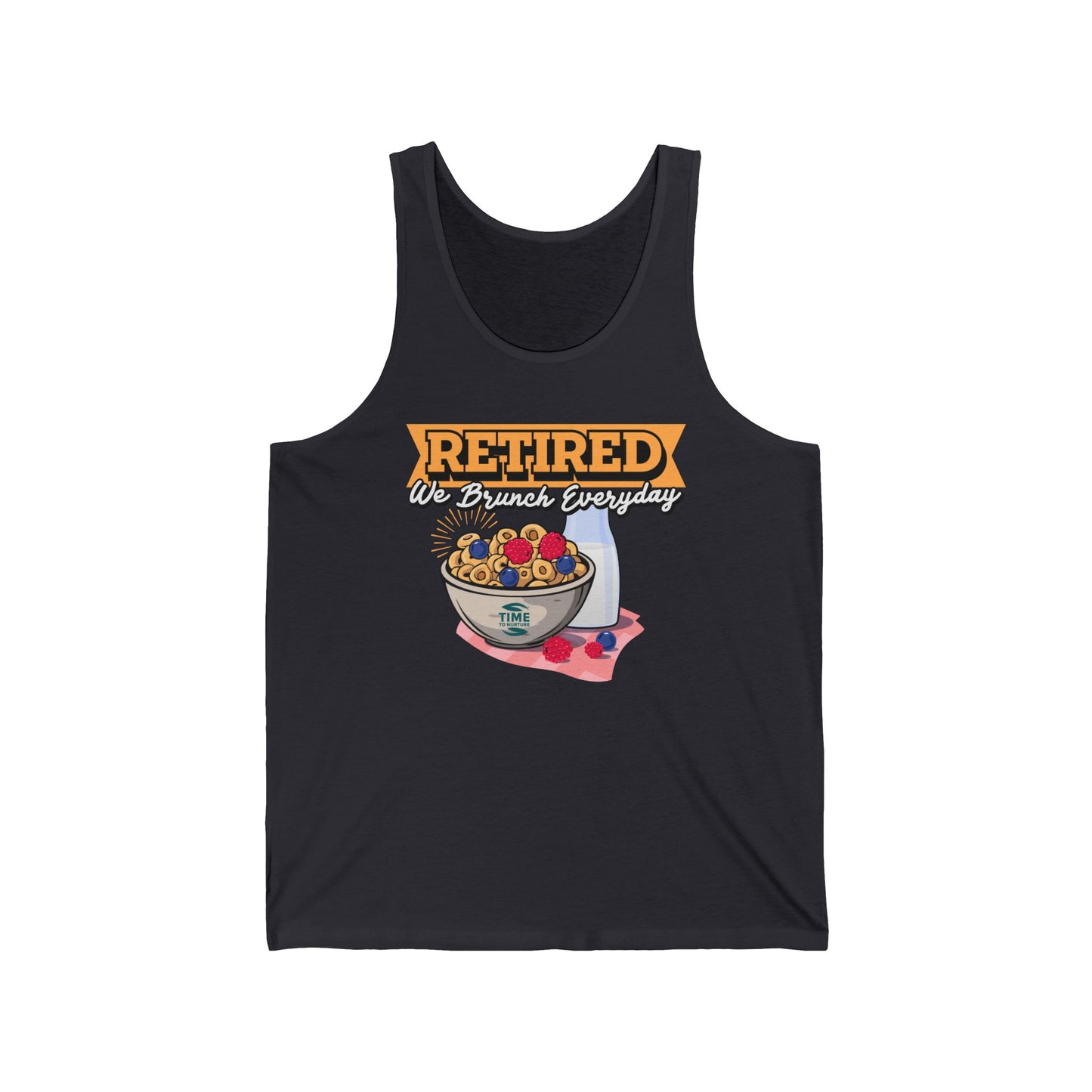 Unisex tank top with the text Retired We Brunch Everyday, a funny and stylish sleeveless shirt perfect for brunch lovers and as a retirement gift.
