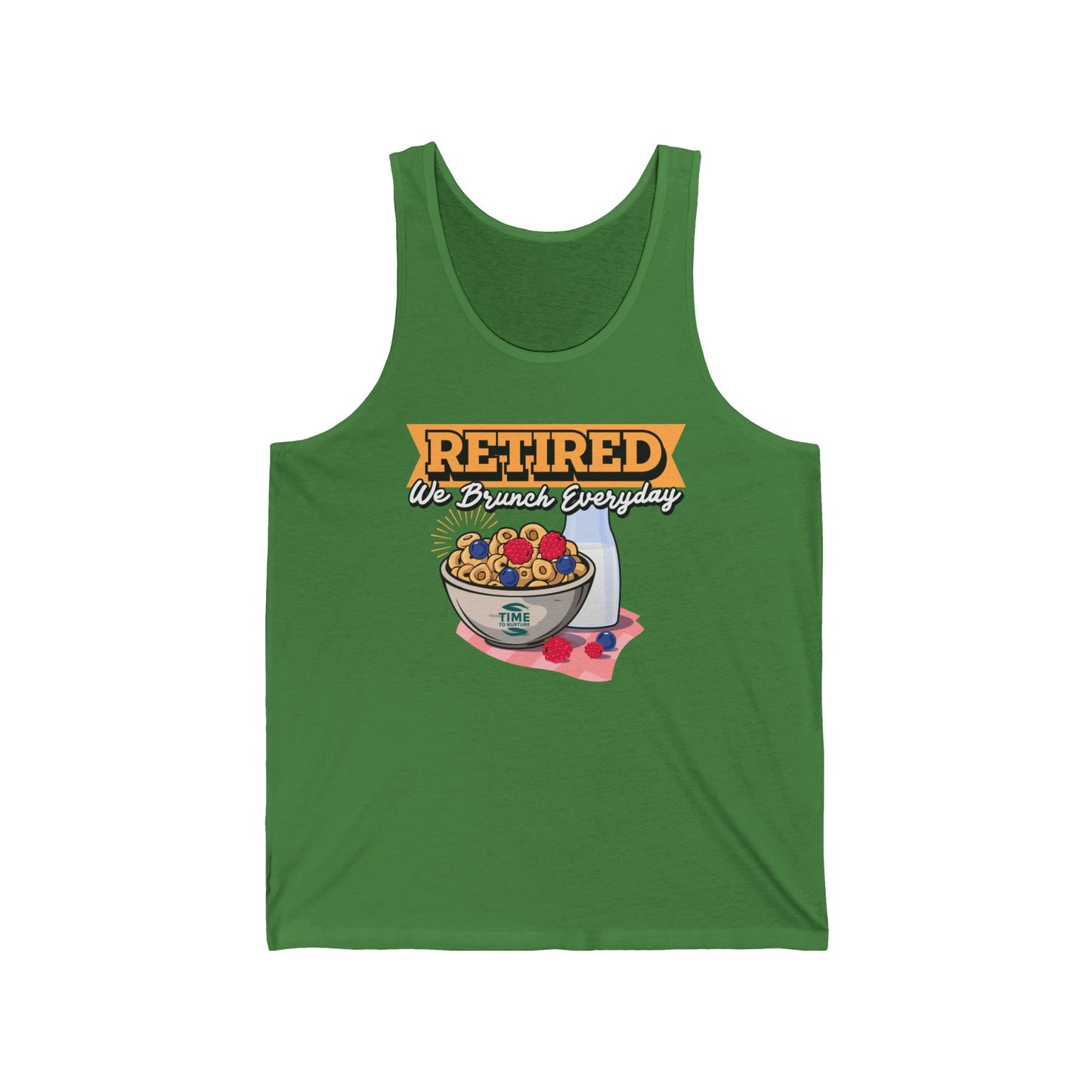 Unisex tank top with the text Retired We Brunch Everyday, a funny and stylish sleeveless shirt perfect for brunch lovers and as a retirement gift.
