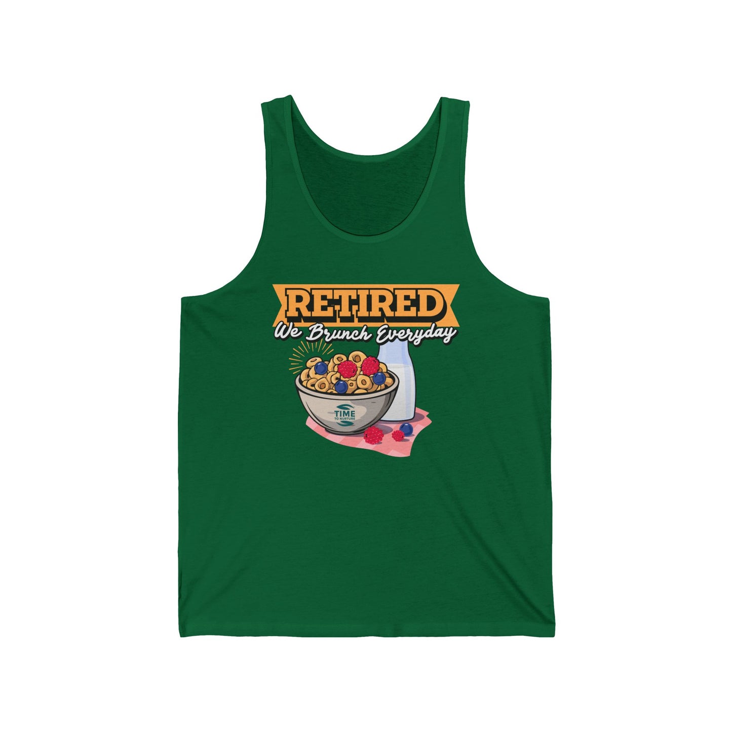 Unisex tank top with the text Retired We Brunch Everyday, a funny and stylish sleeveless shirt perfect for brunch lovers and as a retirement gift.
