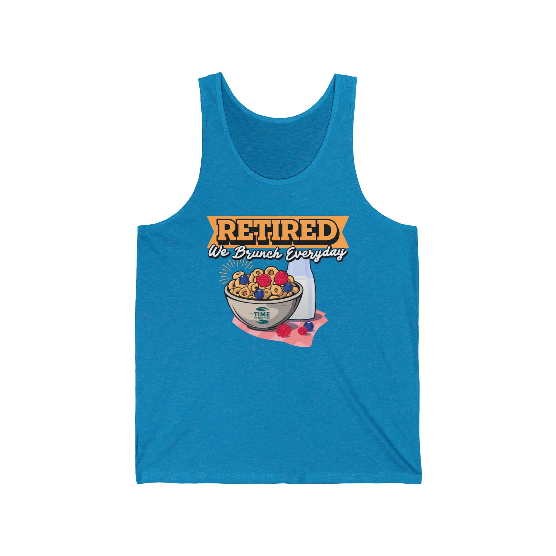 Unisex tank top with the text Retired We Brunch Everyday, a funny and stylish sleeveless shirt perfect for brunch lovers and as a retirement gift.