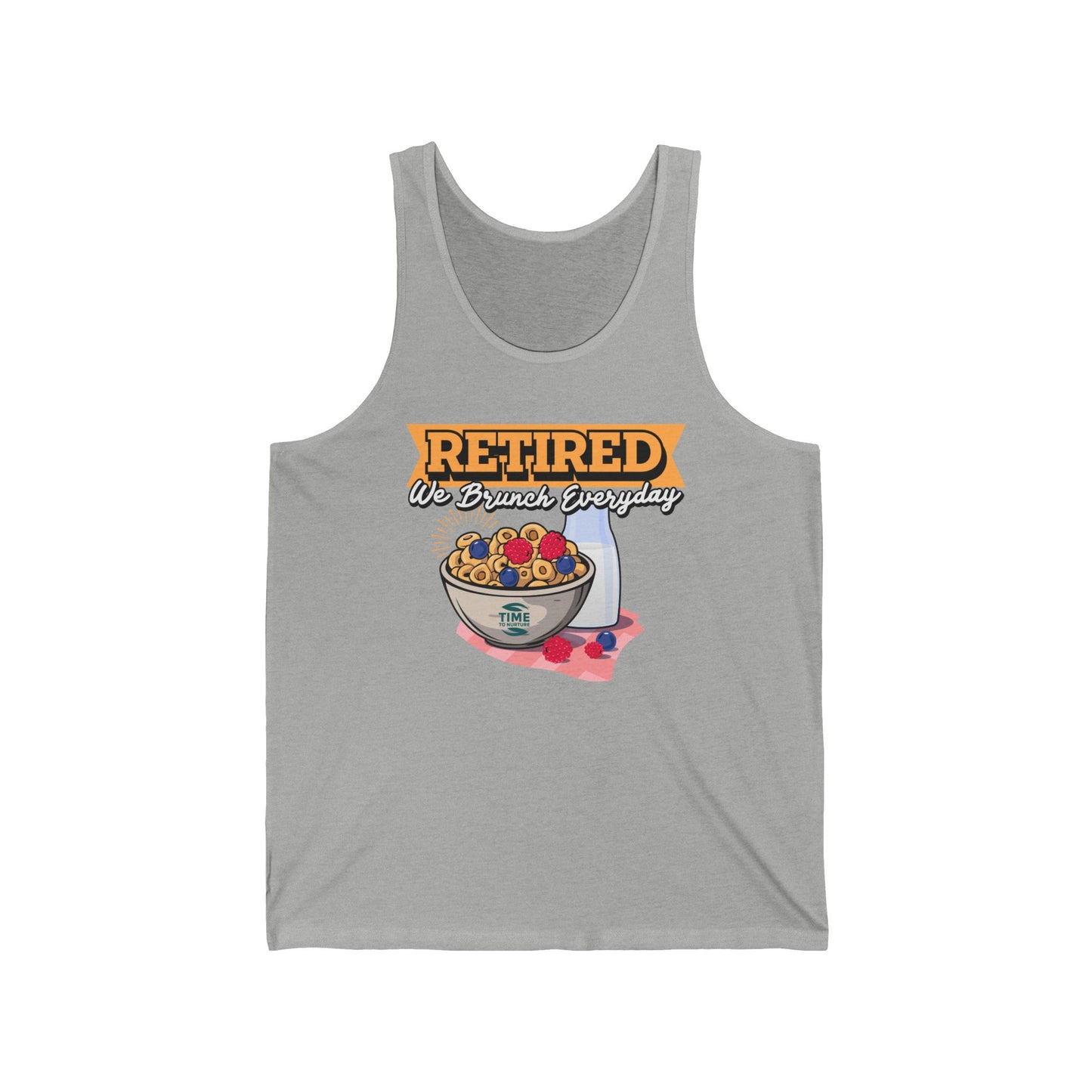 Unisex tank top with the text Retired We Brunch Everyday, a funny and stylish sleeveless shirt perfect for brunch lovers and as a retirement gift.