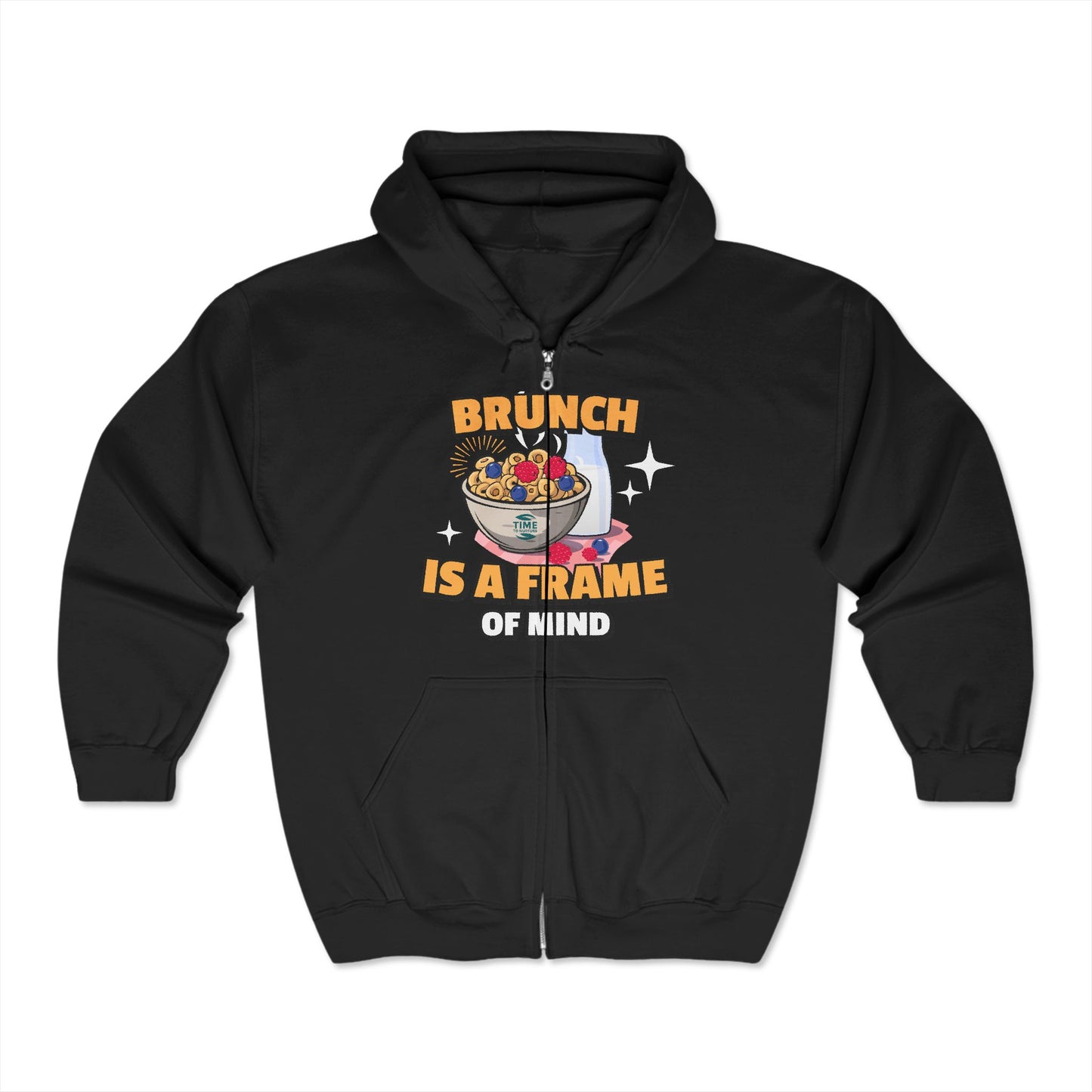 Unisex zip-up hoodie with 'Brunch Frame of Mind' design, ideal for brunch lovers. A cozy and stylish gift for anyone embracing brunch vibes.
