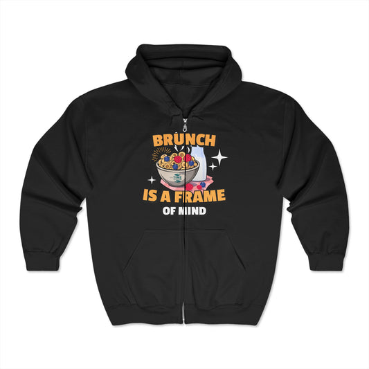 Unisex zip-up hoodie with 'Brunch Frame of Mind' design, ideal for brunch lovers. A cozy and stylish gift for anyone embracing brunch vibes.