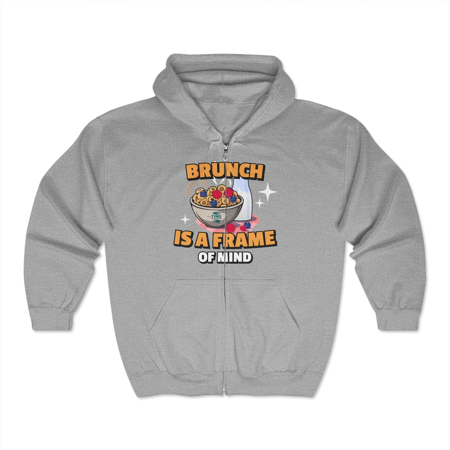 Unisex zip-up hoodie with 'Brunch Frame of Mind' design, ideal for brunch lovers. A cozy and stylish gift for anyone embracing brunch vibes.