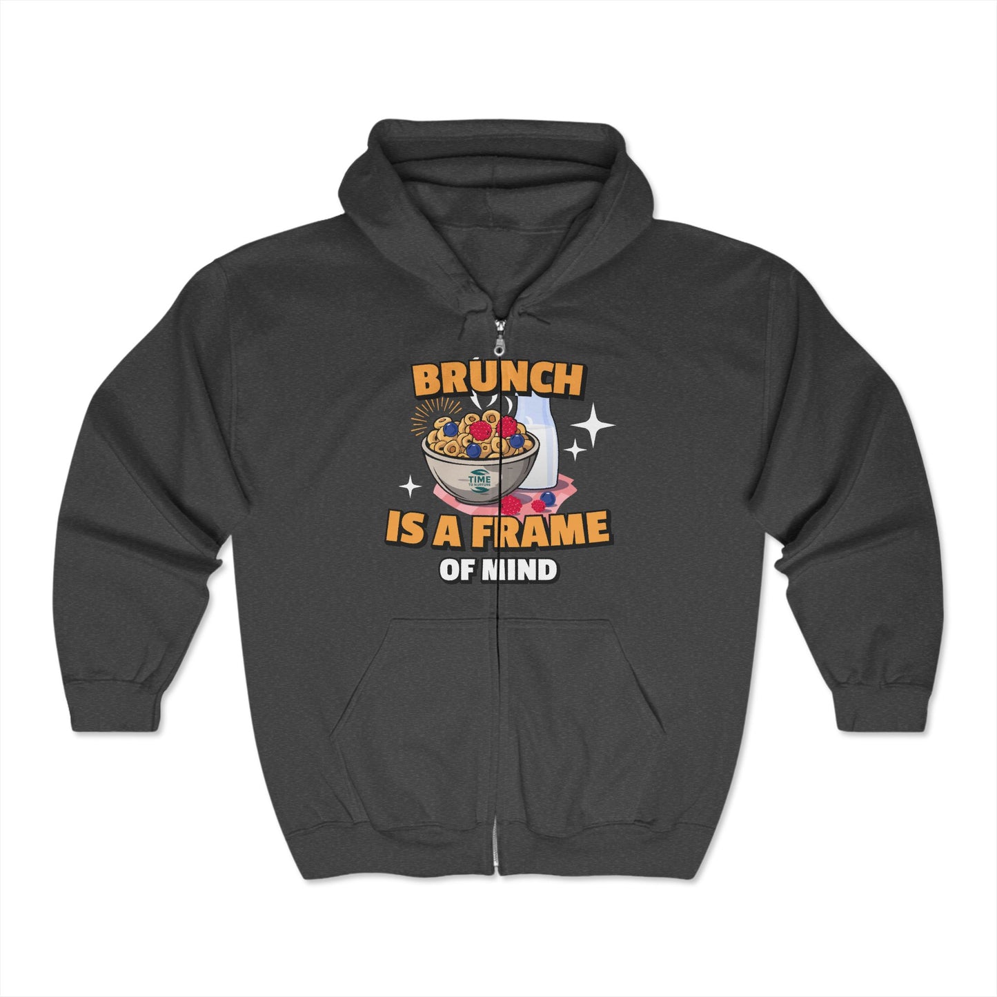 Unisex zip-up hoodie with 'Brunch Frame of Mind' design, ideal for brunch lovers. A cozy and stylish gift for anyone embracing brunch vibes.