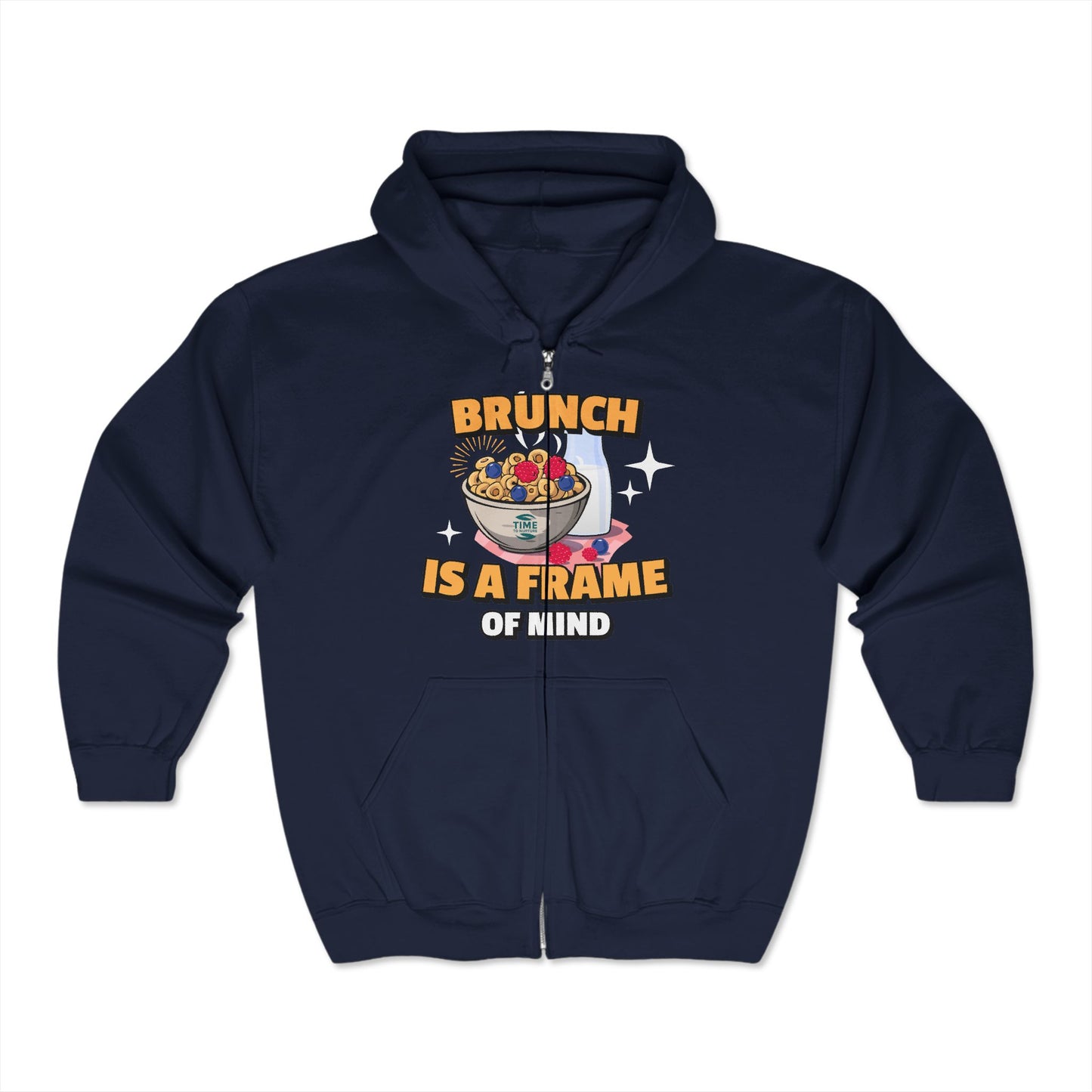 Unisex zip-up hoodie with 'Brunch Frame of Mind' design, ideal for brunch lovers. A cozy and stylish gift for anyone embracing brunch vibes.