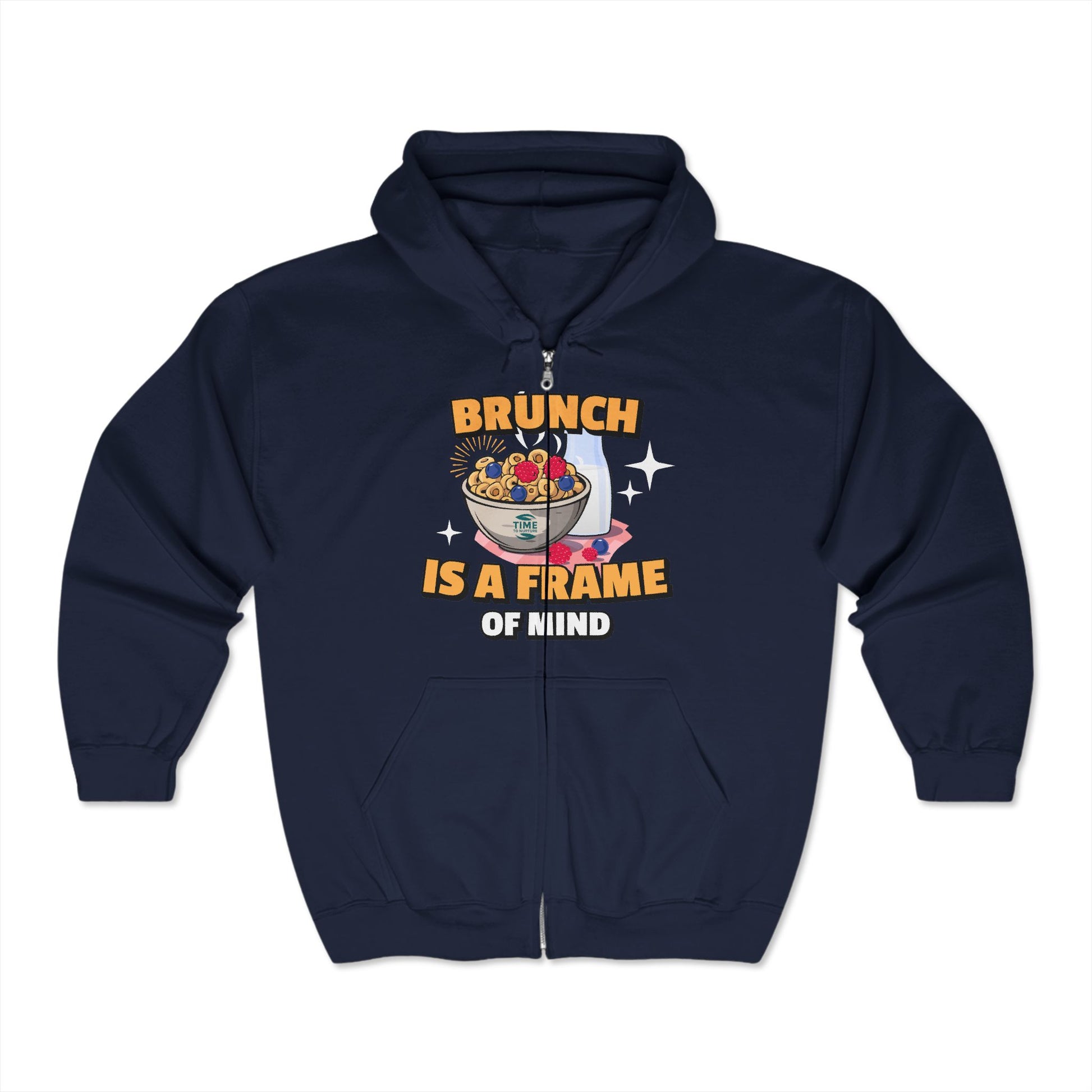Unisex zip-up hoodie with 'Brunch Frame of Mind' design, ideal for brunch lovers. A cozy and stylish gift for anyone embracing brunch vibes.
