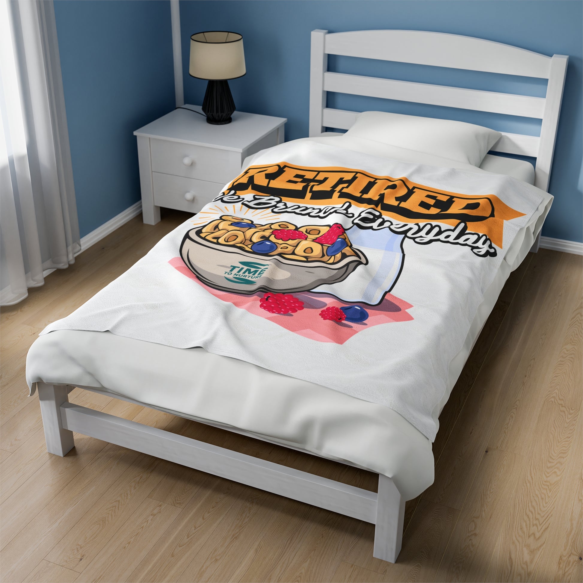 Velveteen plush blanket with the text Retired We Brunch Everyday, ideal for home decor, a cozy throw, or a funny retirement gift. Perfect for retirement parties or everyday comfort.