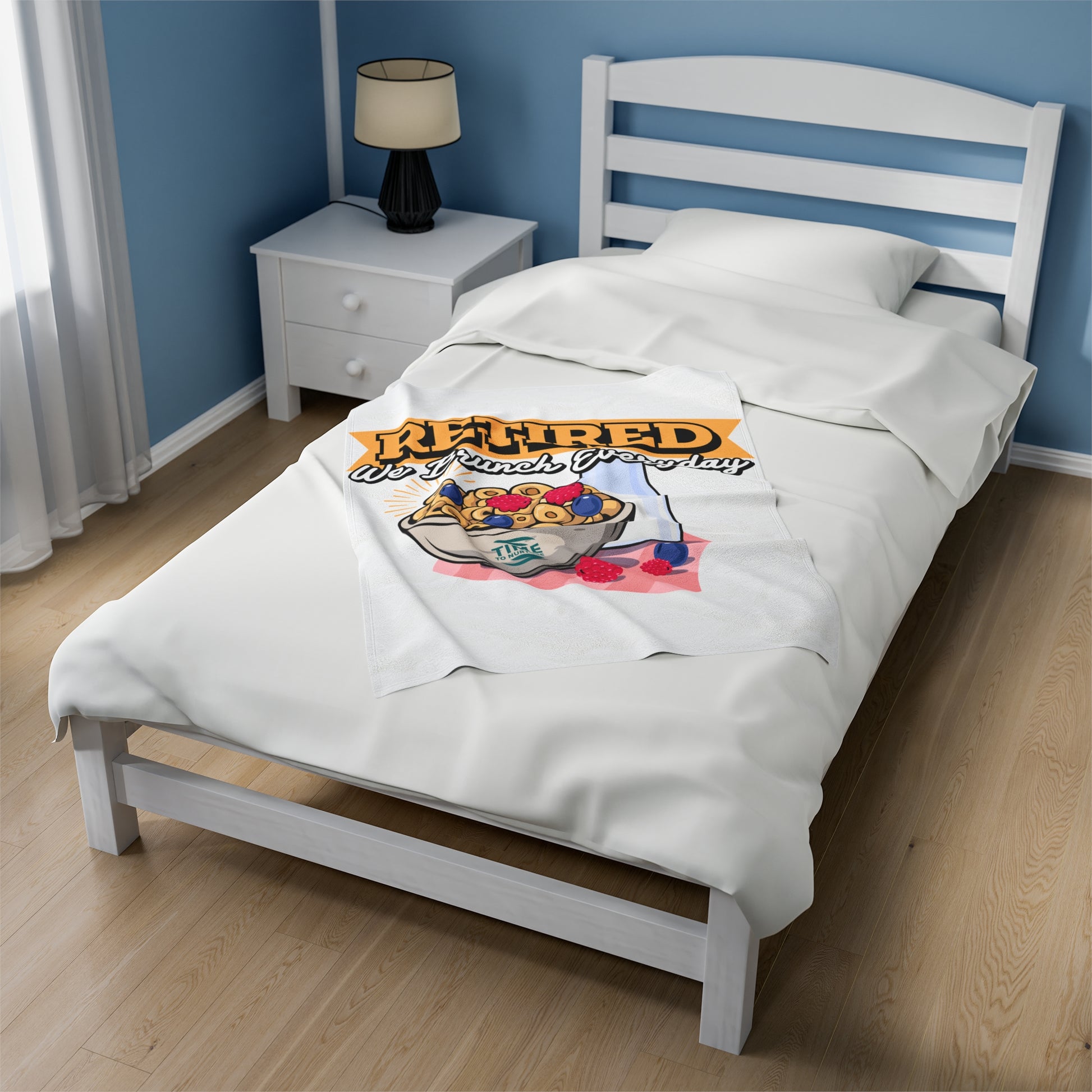 Velveteen plush blanket with the text Retired We Brunch Everyday, ideal for home decor, a cozy throw, or a funny retirement gift. Perfect for retirement parties or everyday comfort.