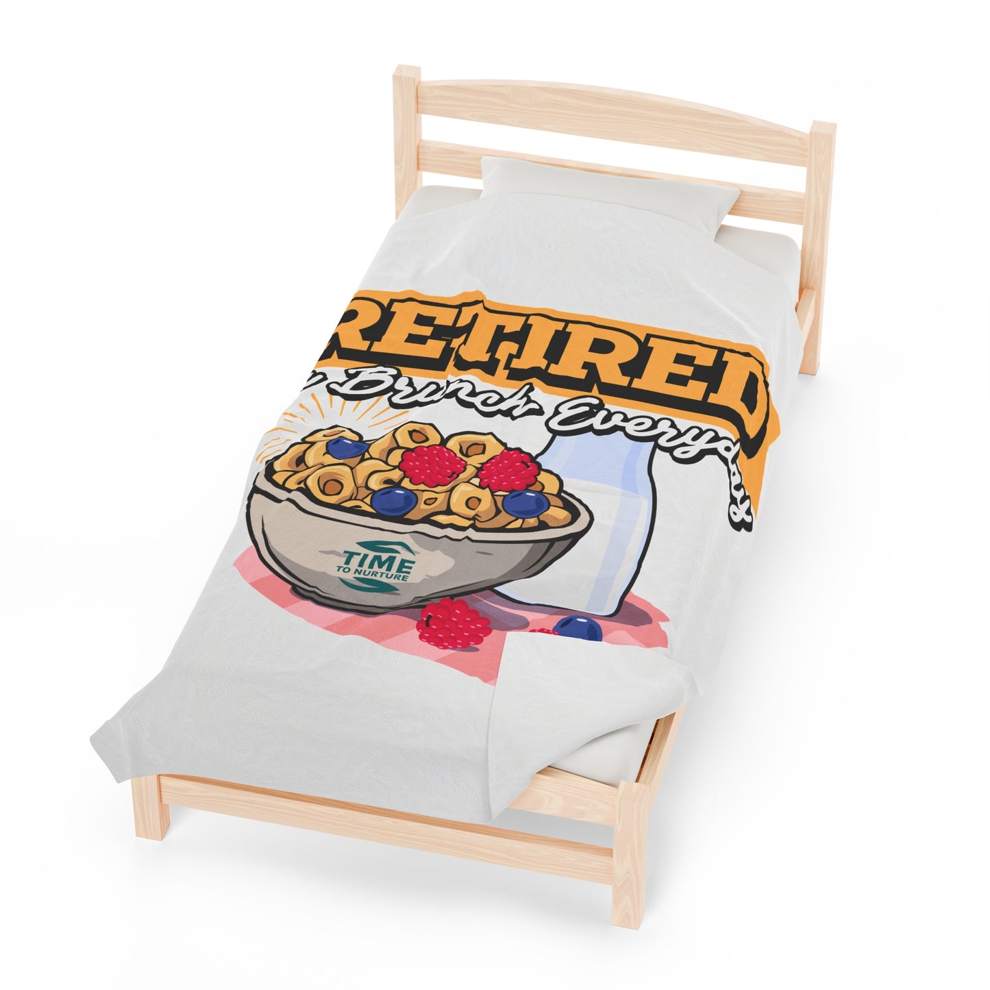 Velveteen plush blanket with the text Retired We Brunch Everyday, ideal for home decor, a cozy throw, or a funny retirement gift. Perfect for retirement parties or everyday comfort.