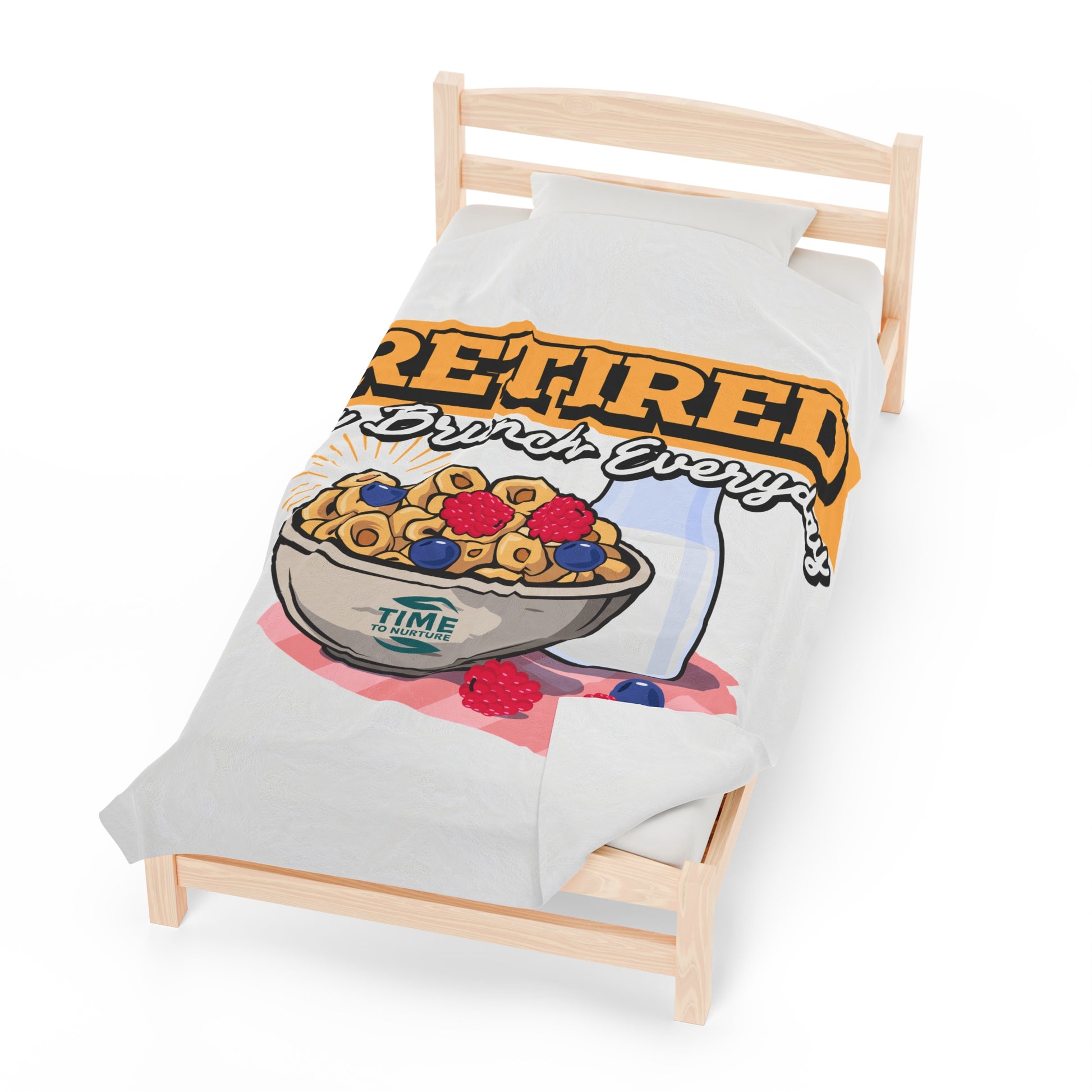 Velveteen plush blanket with the text Retired We Brunch Everyday, ideal for home decor, a cozy throw, or a funny retirement gift. Perfect for retirement parties or everyday comfort.