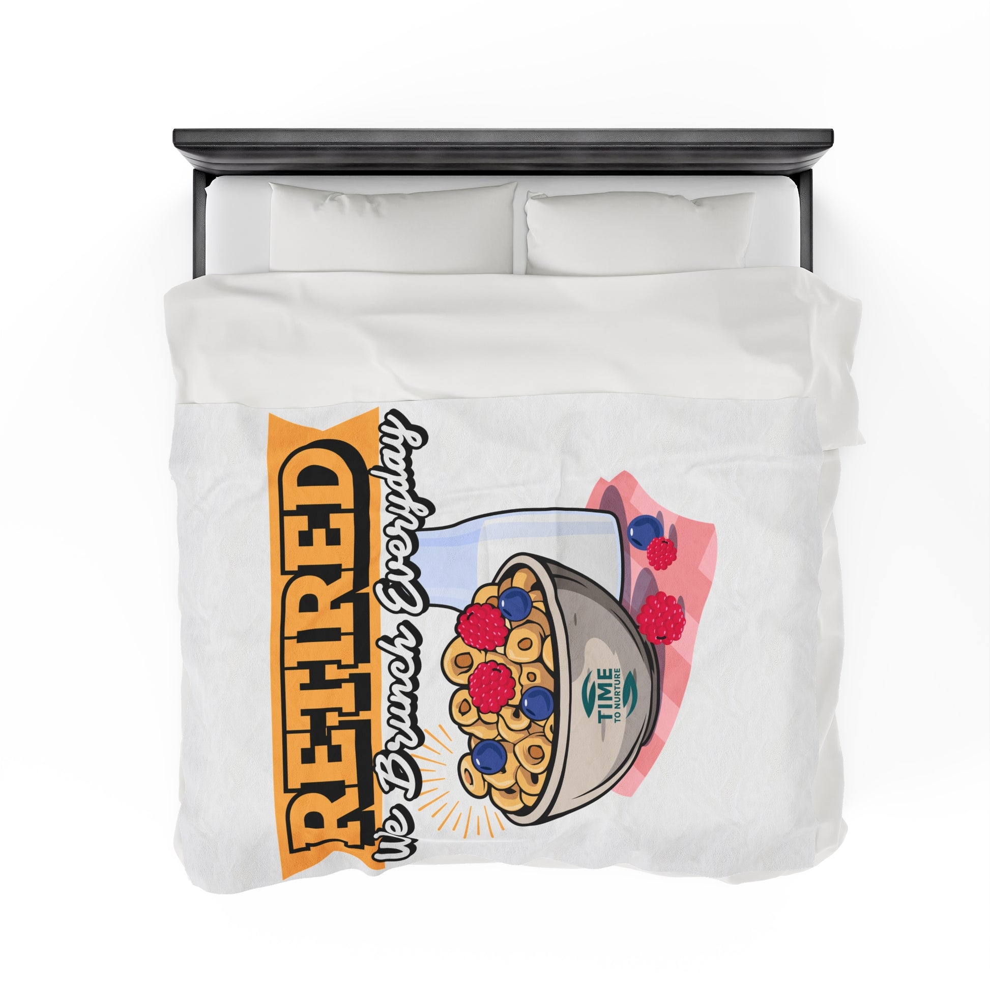 Velveteen plush blanket with the text Retired We Brunch Everyday, ideal for home decor, a cozy throw, or a funny retirement gift. Perfect for retirement parties or everyday comfort.