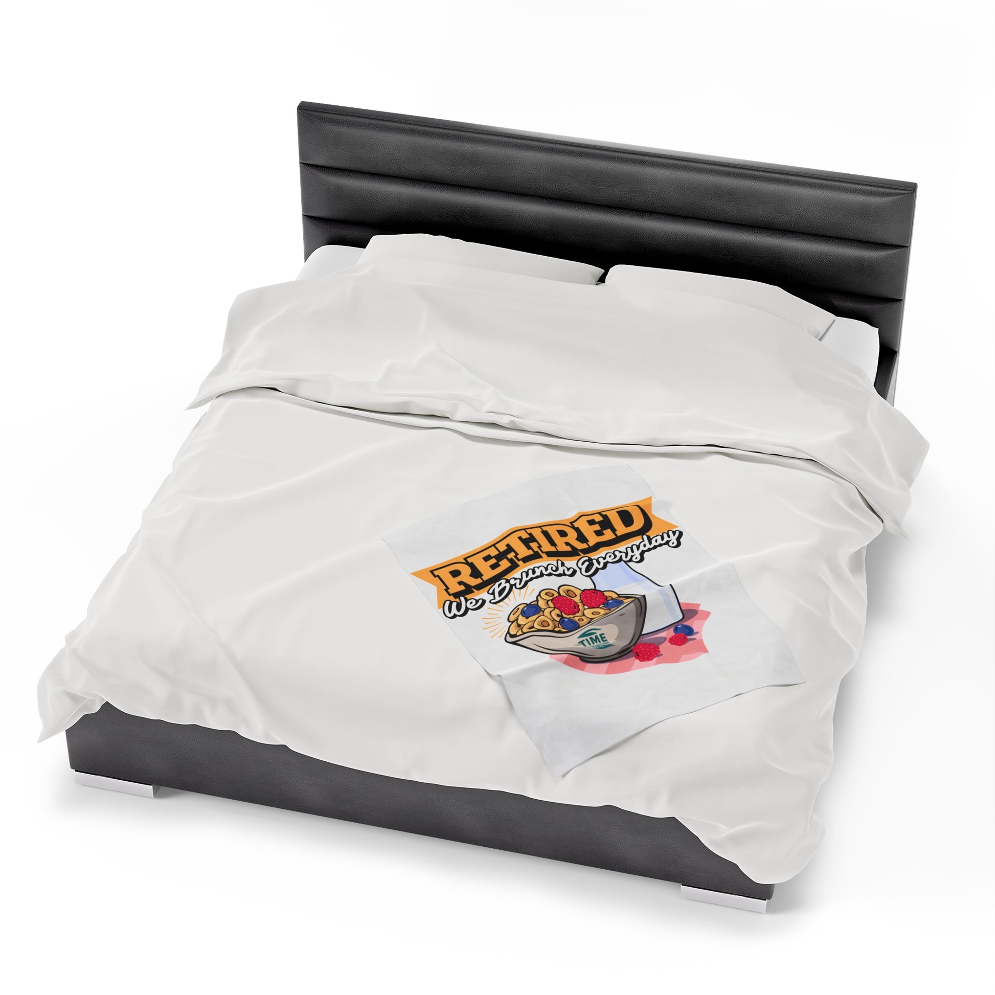 Velveteen plush blanket with the text Retired We Brunch Everyday, ideal for home decor, a cozy throw, or a funny retirement gift. Perfect for retirement parties or everyday comfort.