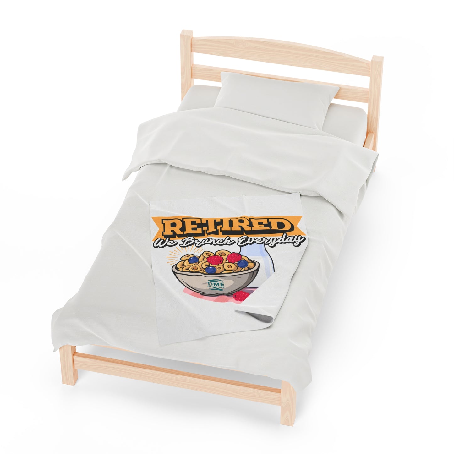 Velveteen plush blanket with the text Retired We Brunch Everyday, ideal for home decor, a cozy throw, or a funny retirement gift. Perfect for retirement parties or everyday comfort.