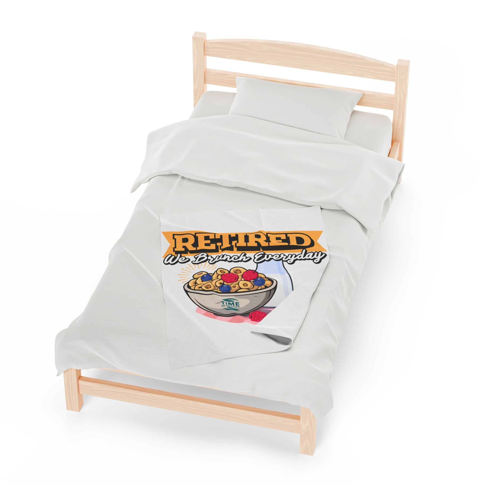 Velveteen plush blanket with the text Retired We Brunch Everyday, ideal for home decor, a cozy throw, or a funny retirement gift. Perfect for retirement parties or everyday comfort.