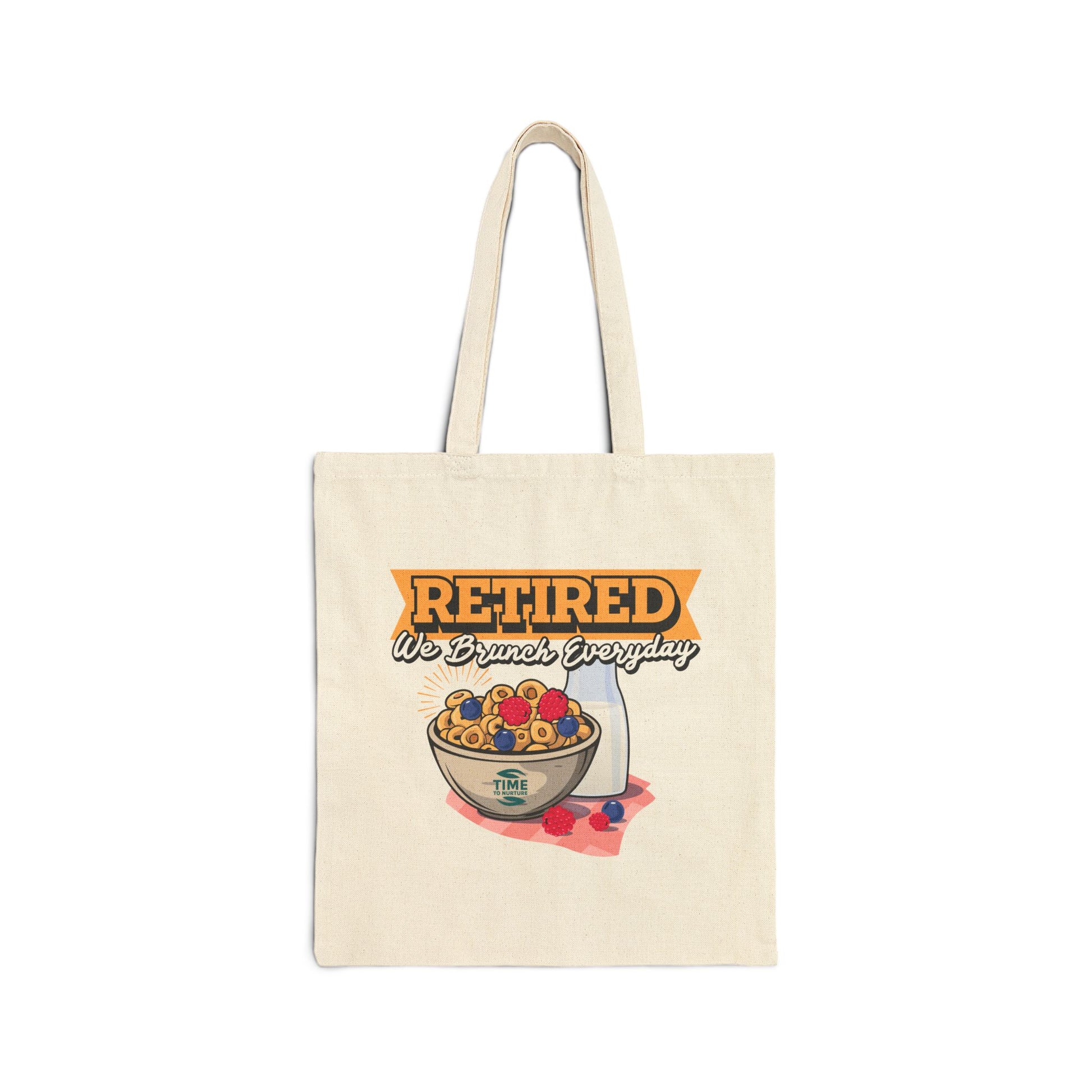 We Brunch Everyday cotton canvas tote bag featuring "Retired & Ready to Brunch" design, perfect for carrying essentials on retirement adventures and brunch outings.