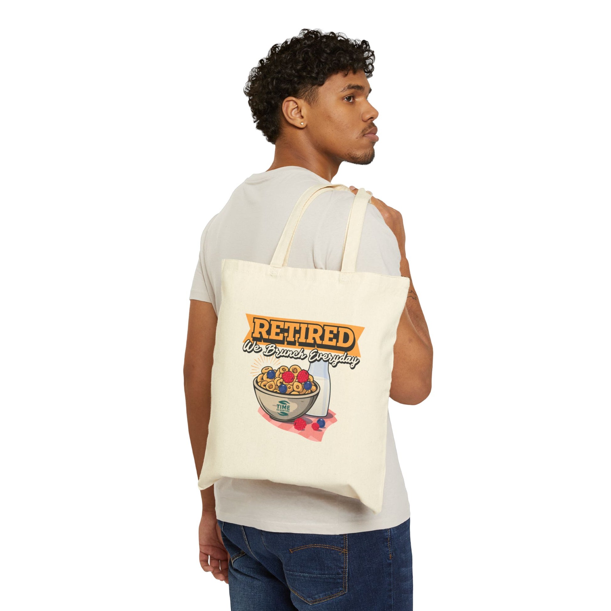 We Brunch Everyday cotton canvas tote bag featuring "Retired & Ready to Brunch" design, perfect for carrying essentials on retirement adventures and brunch outings.