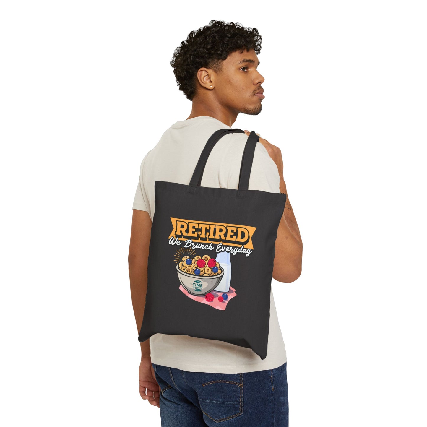 We Brunch Everyday cotton canvas tote bag featuring "Retired & Ready to Brunch" design, perfect for carrying essentials on retirement adventures and brunch outings.