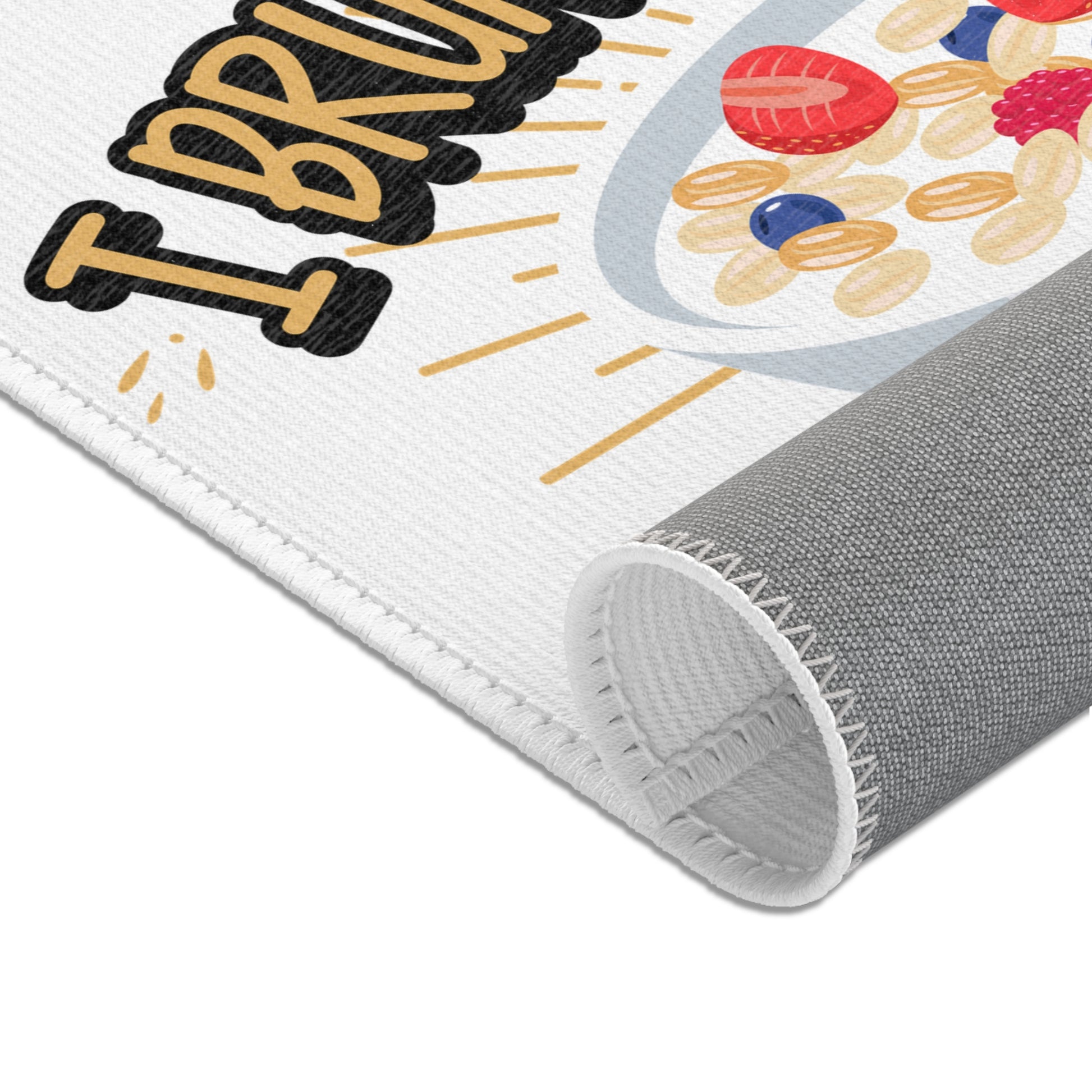 Whimsical kitchen area rug with an I Brunch Everyday theme, featuring a funny and playful design, perfect for dining rooms, patios, or sunrooms.