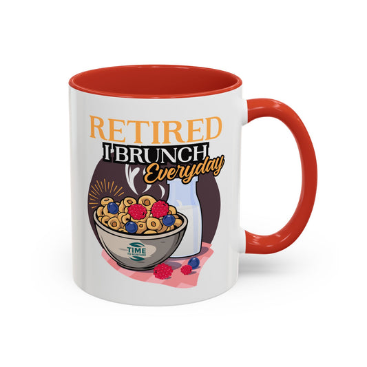 White coffee mug with Retirement Brunch Everyday text, featuring a retirement-themed design, perfect as a funny gift for retirees, coffee lovers, or brunch enthusiasts