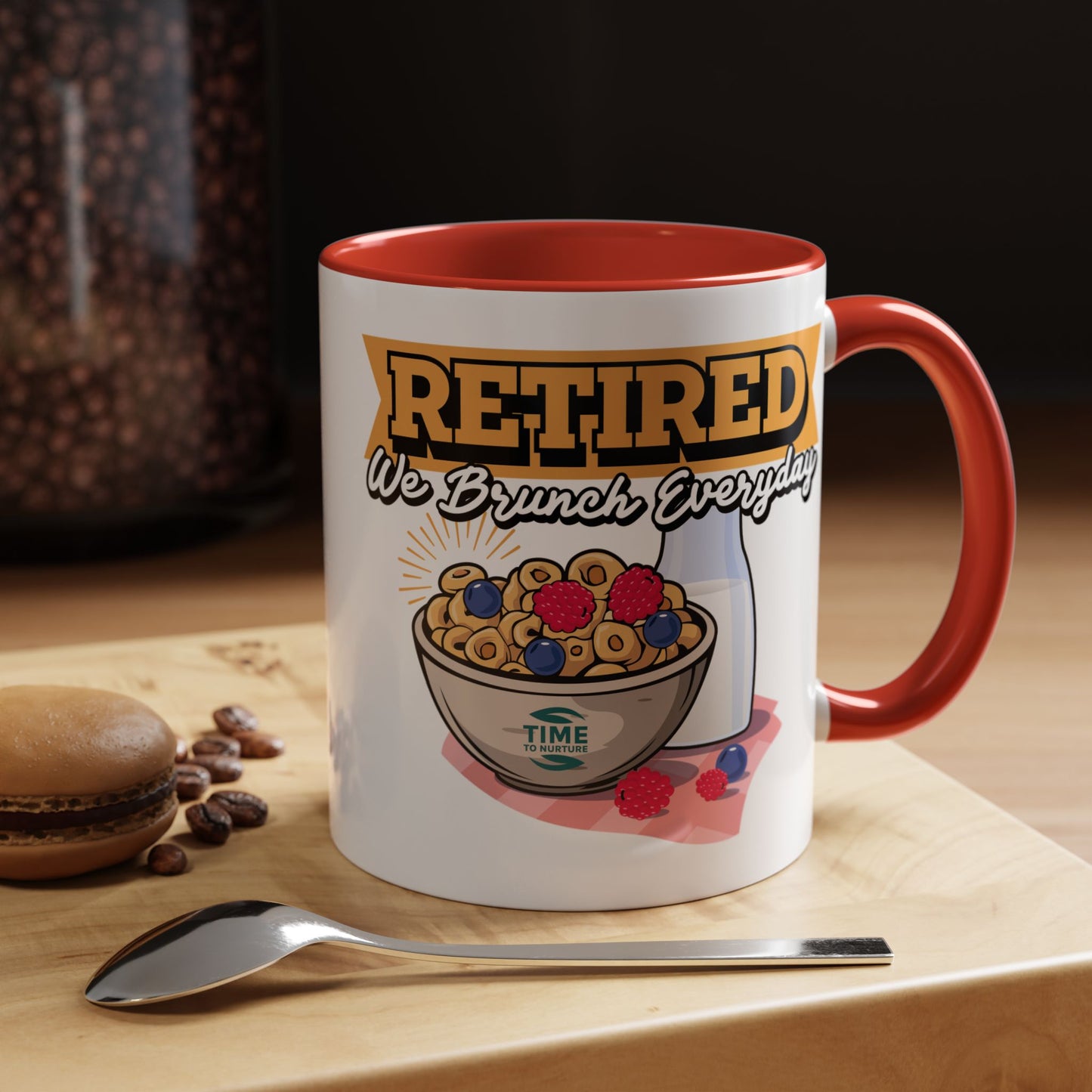 White coffee mug with retired we brunch everyday text in a playful font, ideal as a funny retirement gift, coworker present, or retirement party decor
