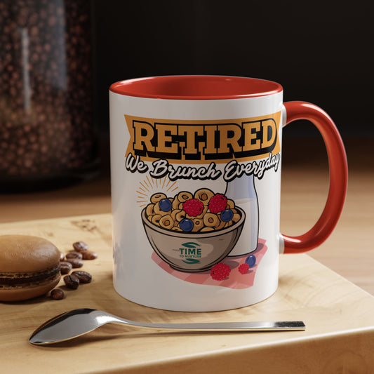White coffee mug with retired we brunch everyday text in a playful font, ideal as a funny retirement gift, coworker present, or retirement party decor