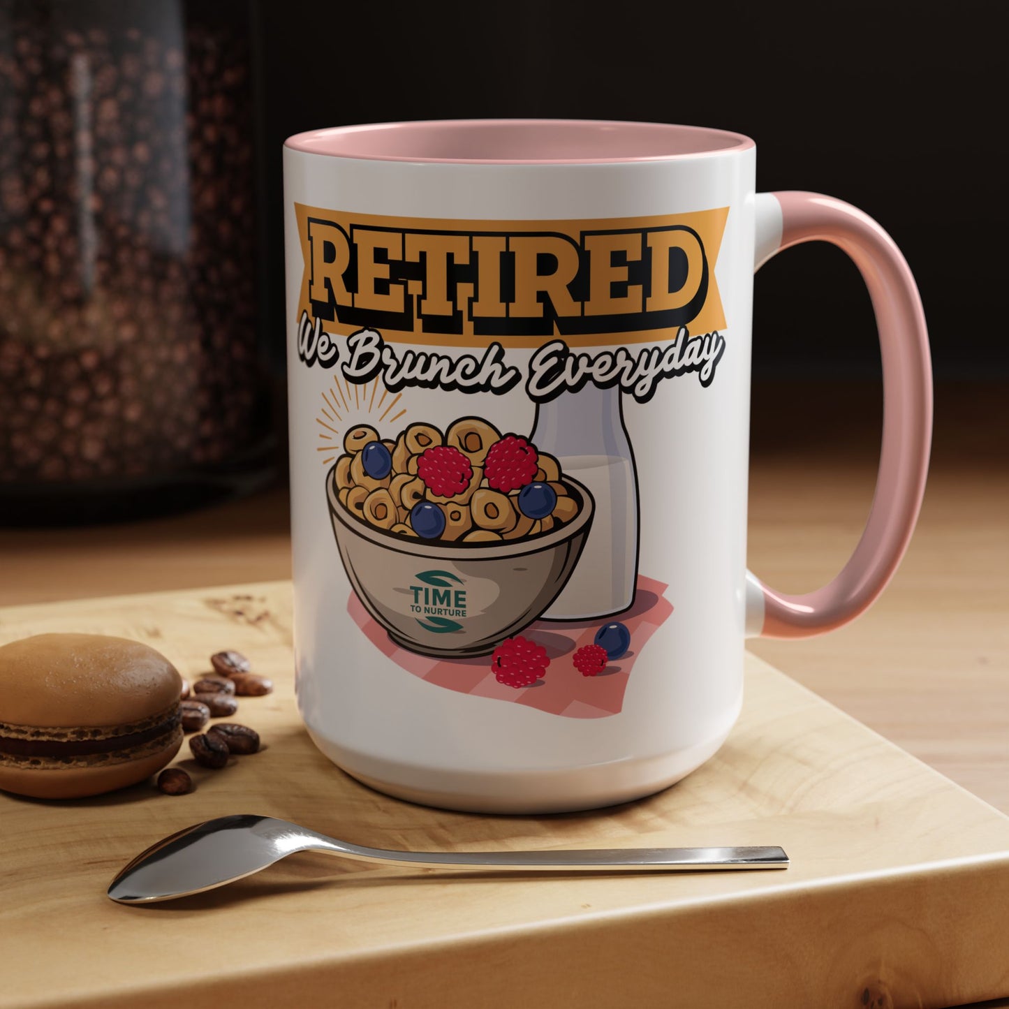 White coffee mug with retired we brunch everyday text in a playful font, ideal as a funny retirement gift, coworker present, or retirement party decor
