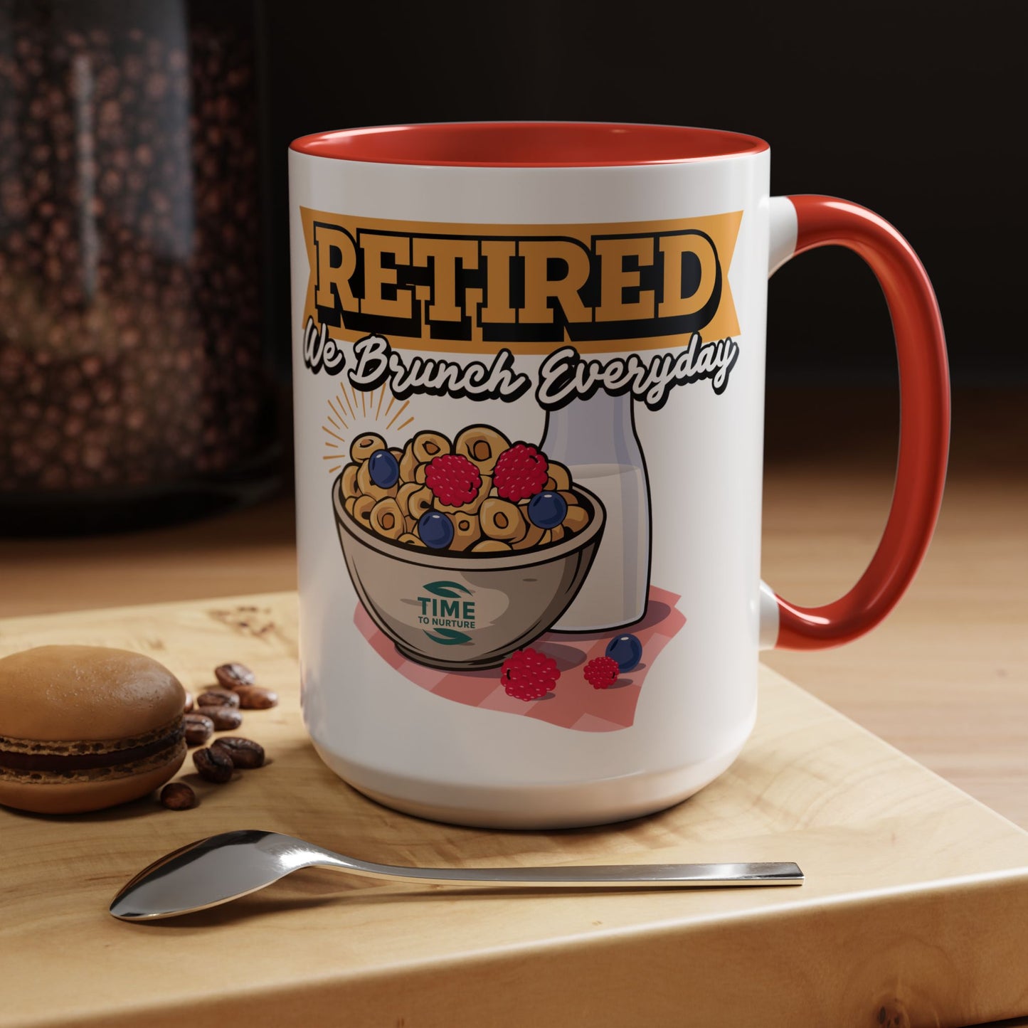 White coffee mug with retired we brunch everyday text in a playful font, ideal as a funny retirement gift, coworker present, or retirement party decor