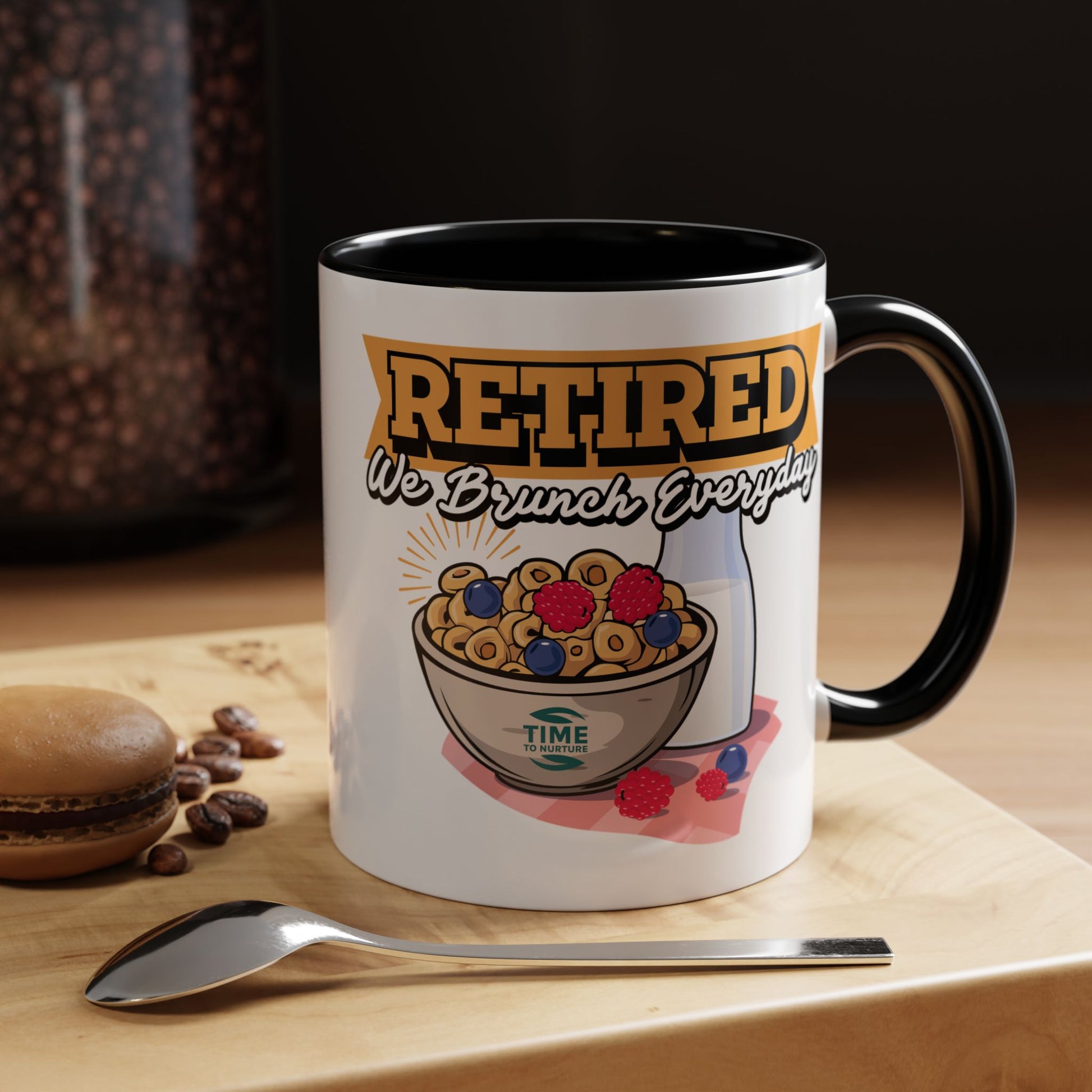 White coffee mug with retired we brunch everyday text in a playful font, ideal as a funny retirement gift, coworker present, or retirement party decor