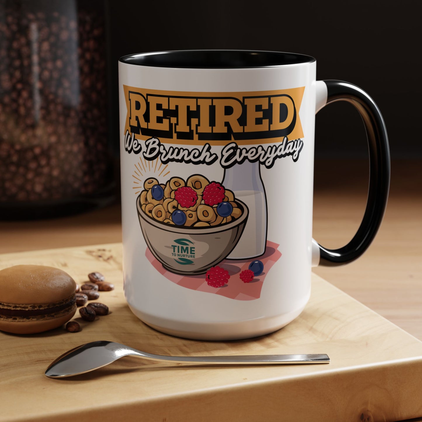 White coffee mug with retired we brunch everyday text in a playful font, ideal as a funny retirement gift, coworker present, or retirement party decor