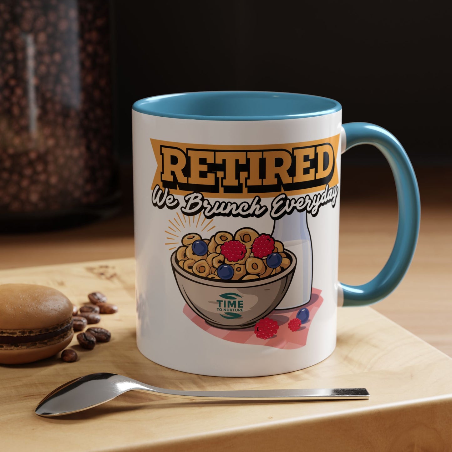 White coffee mug with retired we brunch everyday text in a playful font, ideal as a funny retirement gift, coworker present, or retirement party decor