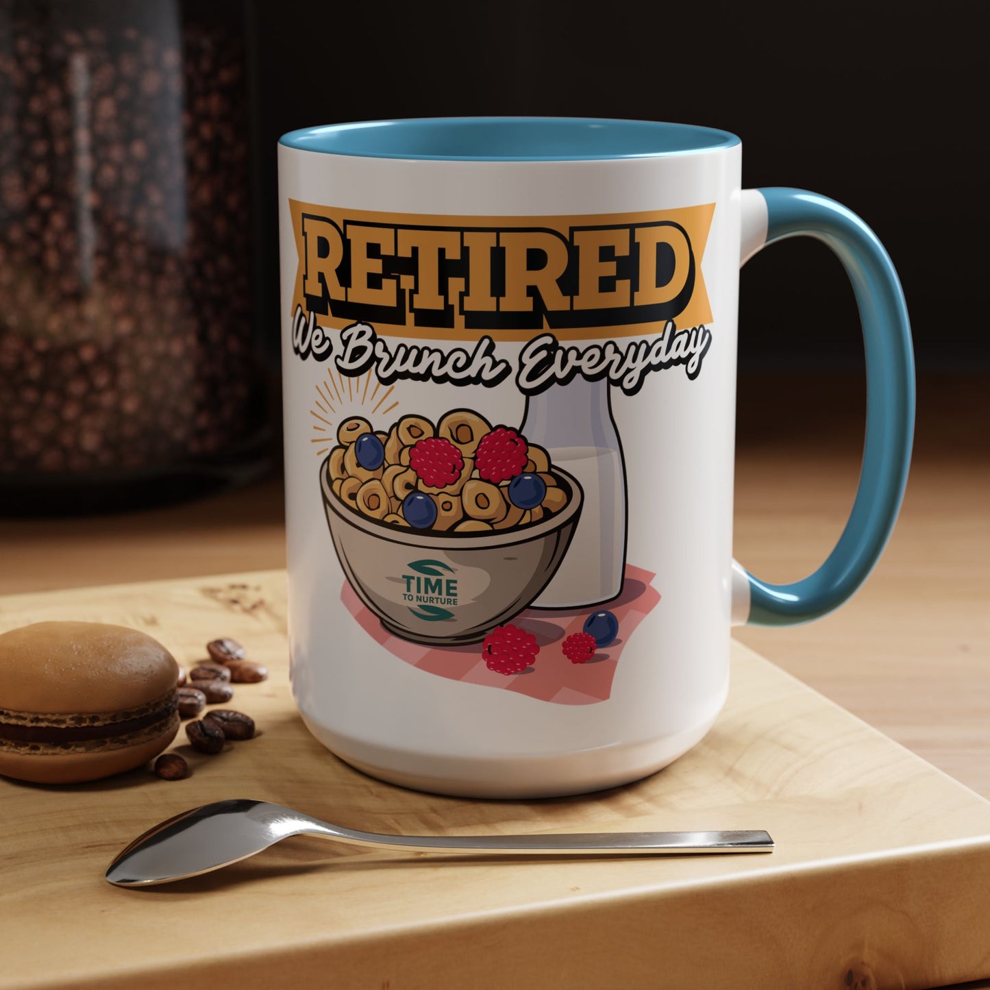 White coffee mug with retired we brunch everyday text in a playful font, ideal as a funny retirement gift, coworker present, or retirement party decor
