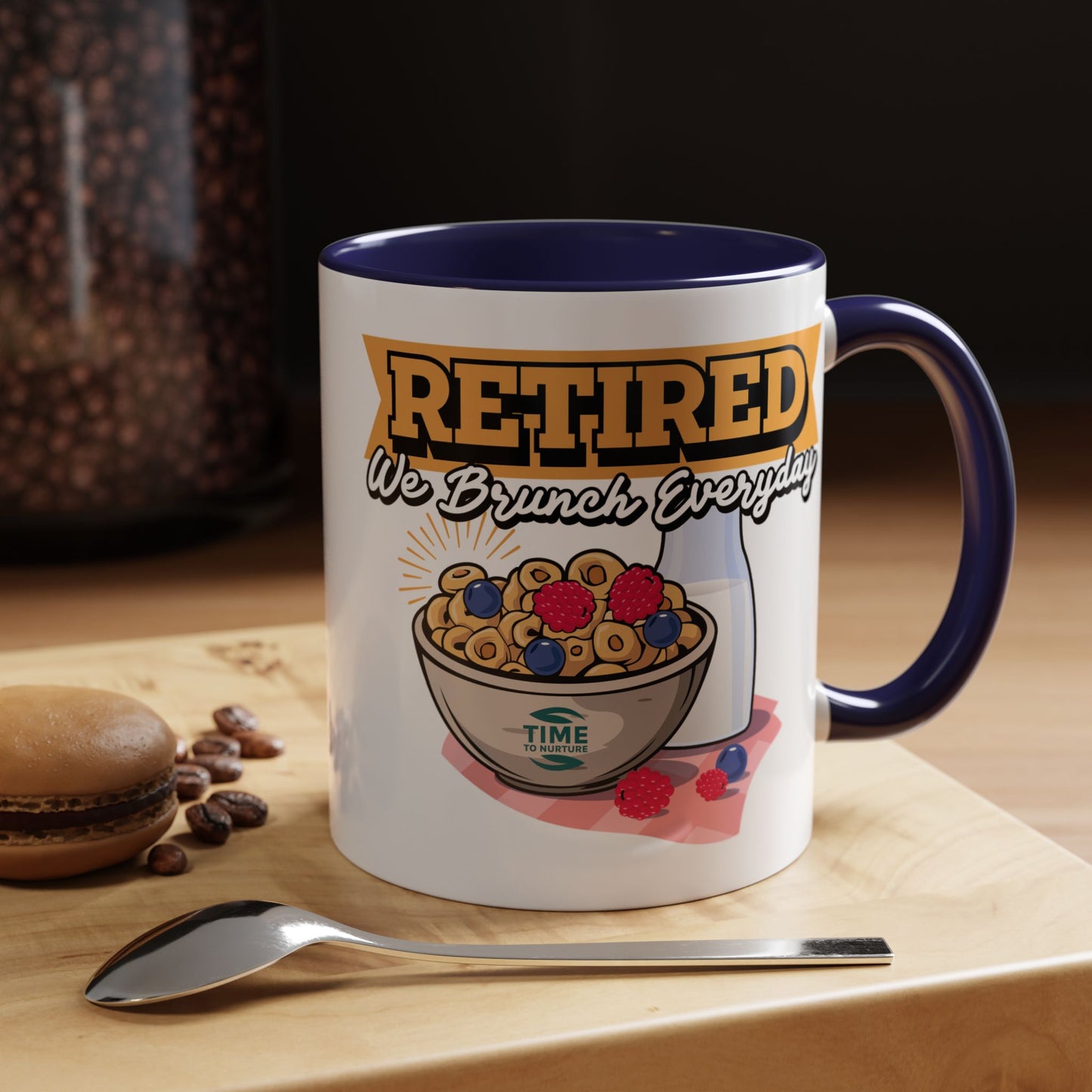 White coffee mug with retired we brunch everyday text in a playful font, ideal as a funny retirement gift, coworker present, or retirement party decor
