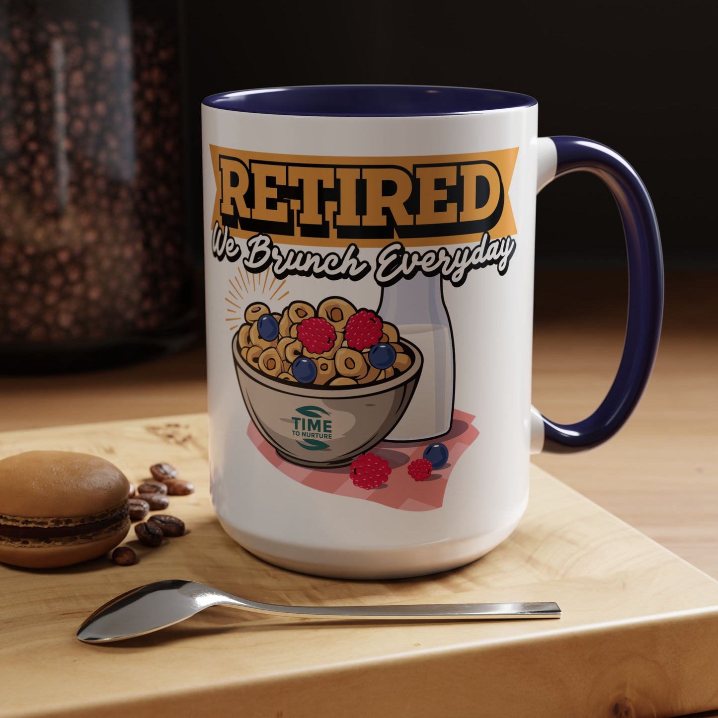 White coffee mug with retired we brunch everyday text in a playful font, ideal as a funny retirement gift, coworker present, or retirement party decor