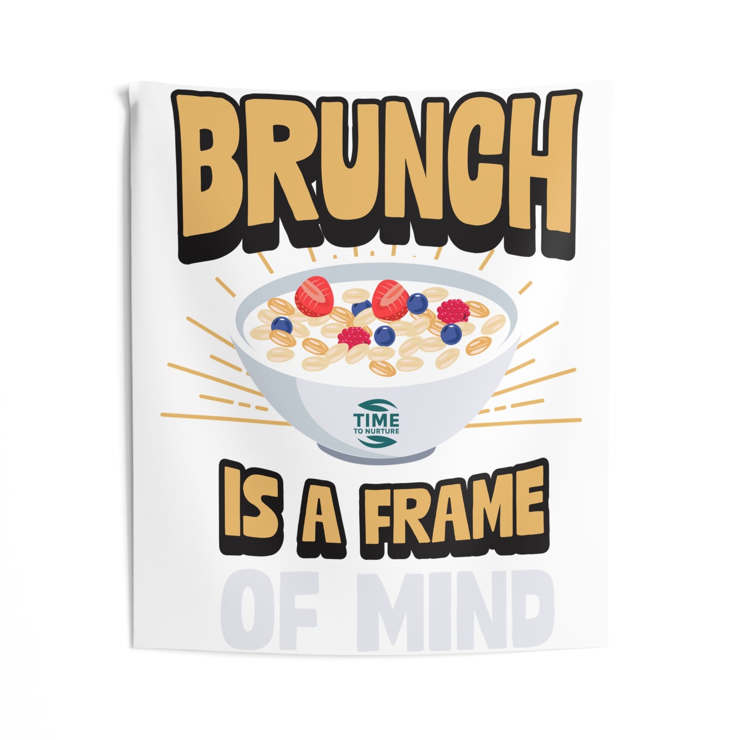 indoor wall tapestry featuring the phrase "Retirement Brunch" in stylish typography, complemented by warm, inviting colors. Perfect as wall art for brunch lovers, retirement gifts, or home decor that adds a cozy and uplifting vibe to any space.