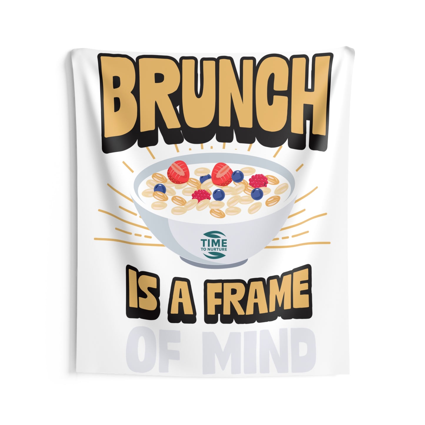 indoor wall tapestry featuring the phrase "Retirement Brunch" in stylish typography, complemented by warm, inviting colors. Perfect as wall art for brunch lovers, retirement gifts, or home decor that adds a cozy and uplifting vibe to any space.