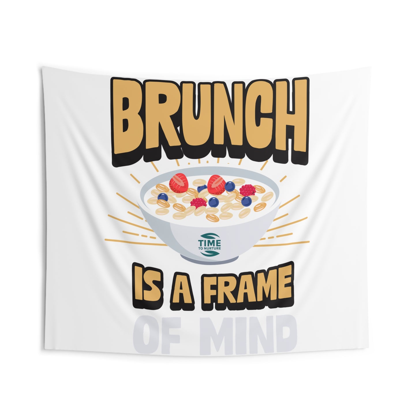 indoor wall tapestry featuring the phrase "Retirement Brunch" in stylish typography, complemented by warm, inviting colors. Perfect as wall art for brunch lovers, retirement gifts, or home decor that adds a cozy and uplifting vibe to any space.