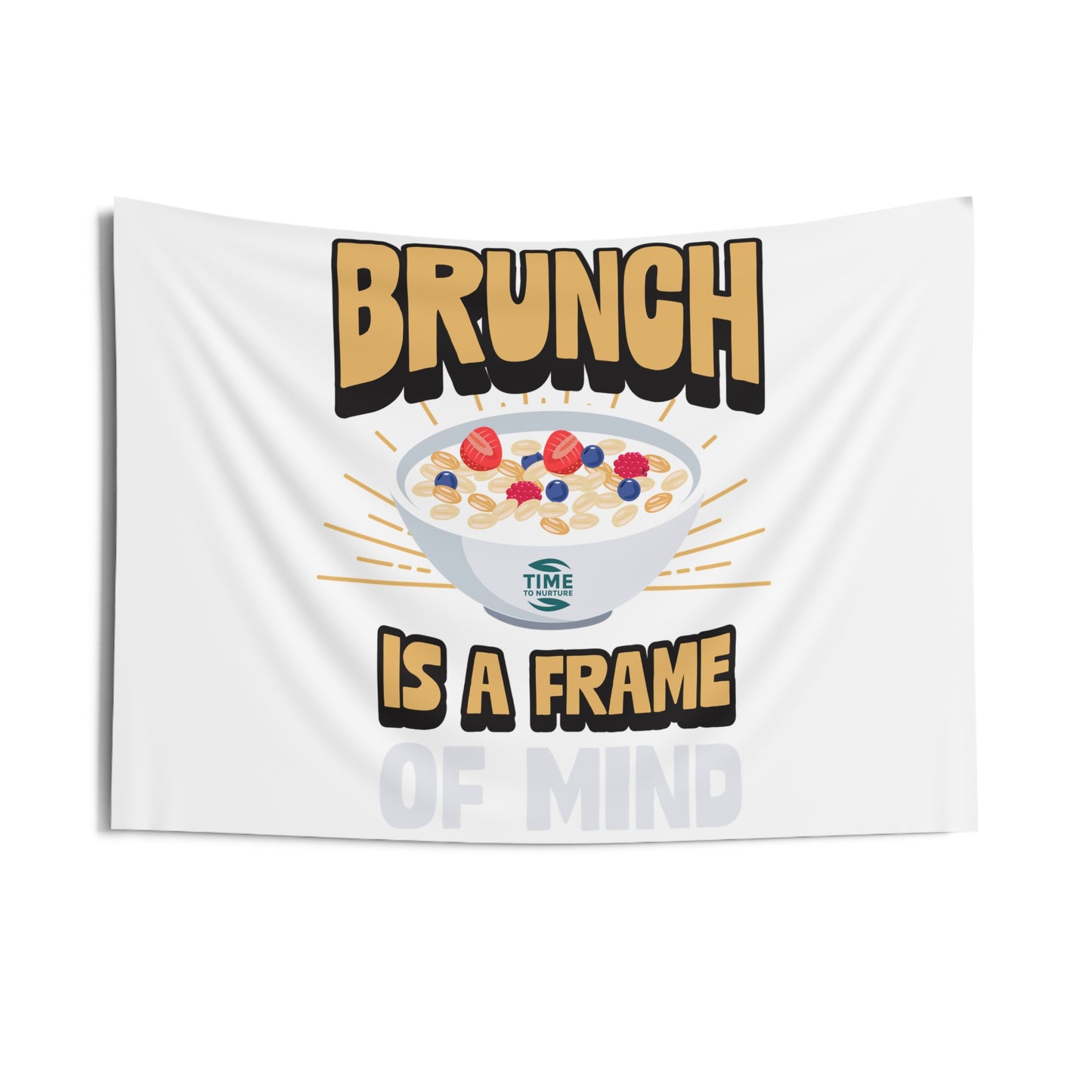 indoor wall tapestry featuring the phrase "Retirement Brunch" in stylish typography, complemented by warm, inviting colors. Perfect as wall art for brunch lovers, retirement gifts, or home decor that adds a cozy and uplifting vibe to any space.