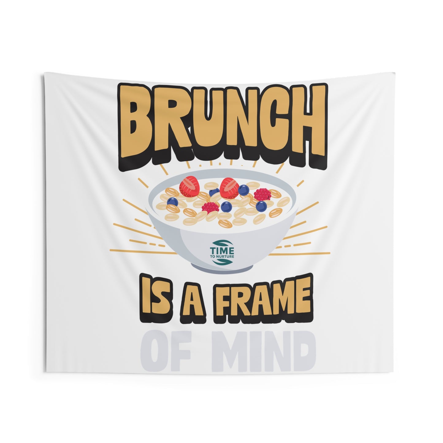 indoor wall tapestry featuring the phrase "Retirement Brunch" in stylish typography, complemented by warm, inviting colors. Perfect as wall art for brunch lovers, retirement gifts, or home decor that adds a cozy and uplifting vibe to any space.